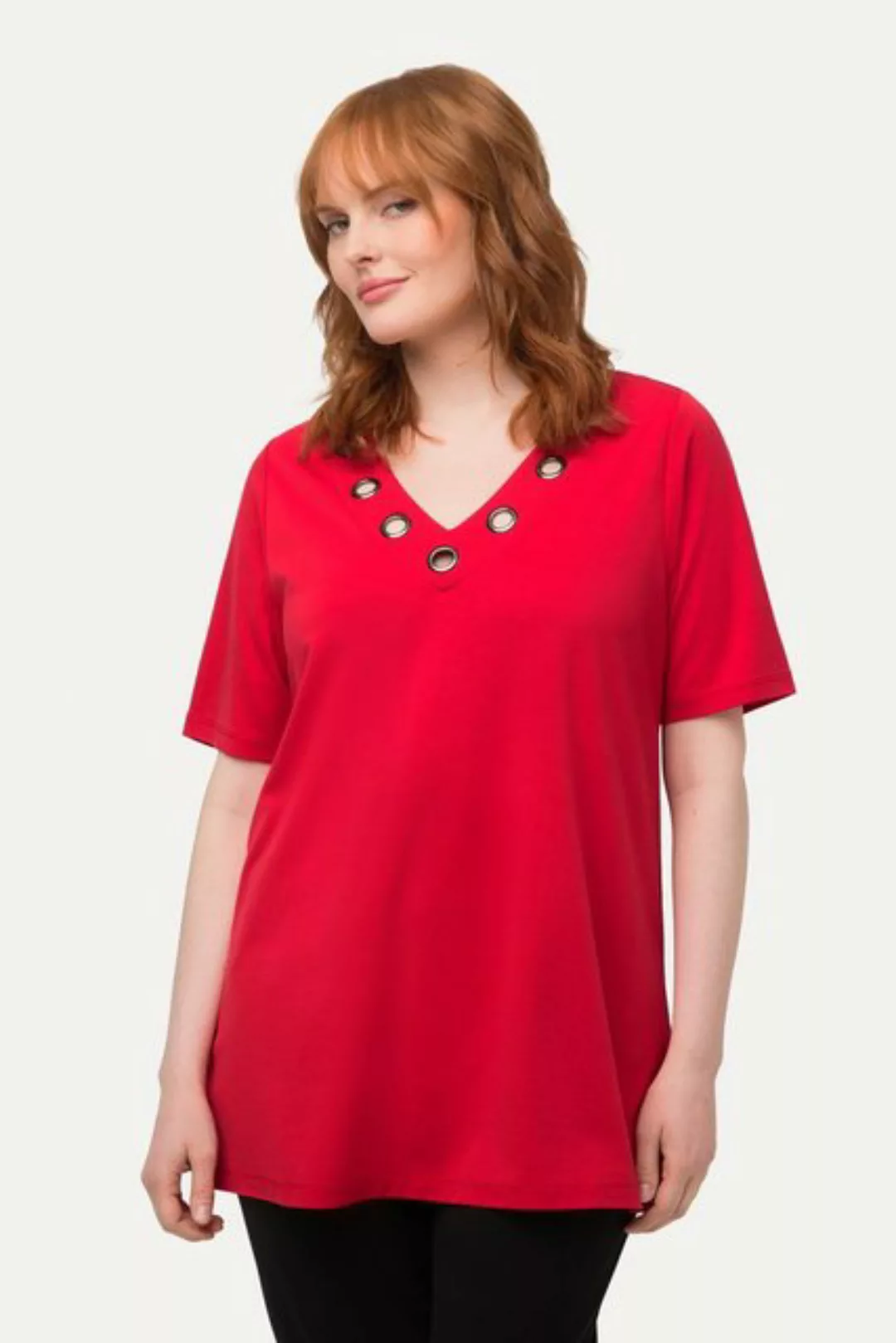 Ulla Popken Rundhalsshirt T-Shirt Zierösen Oversized V-Ausschnitt Halbarm günstig online kaufen