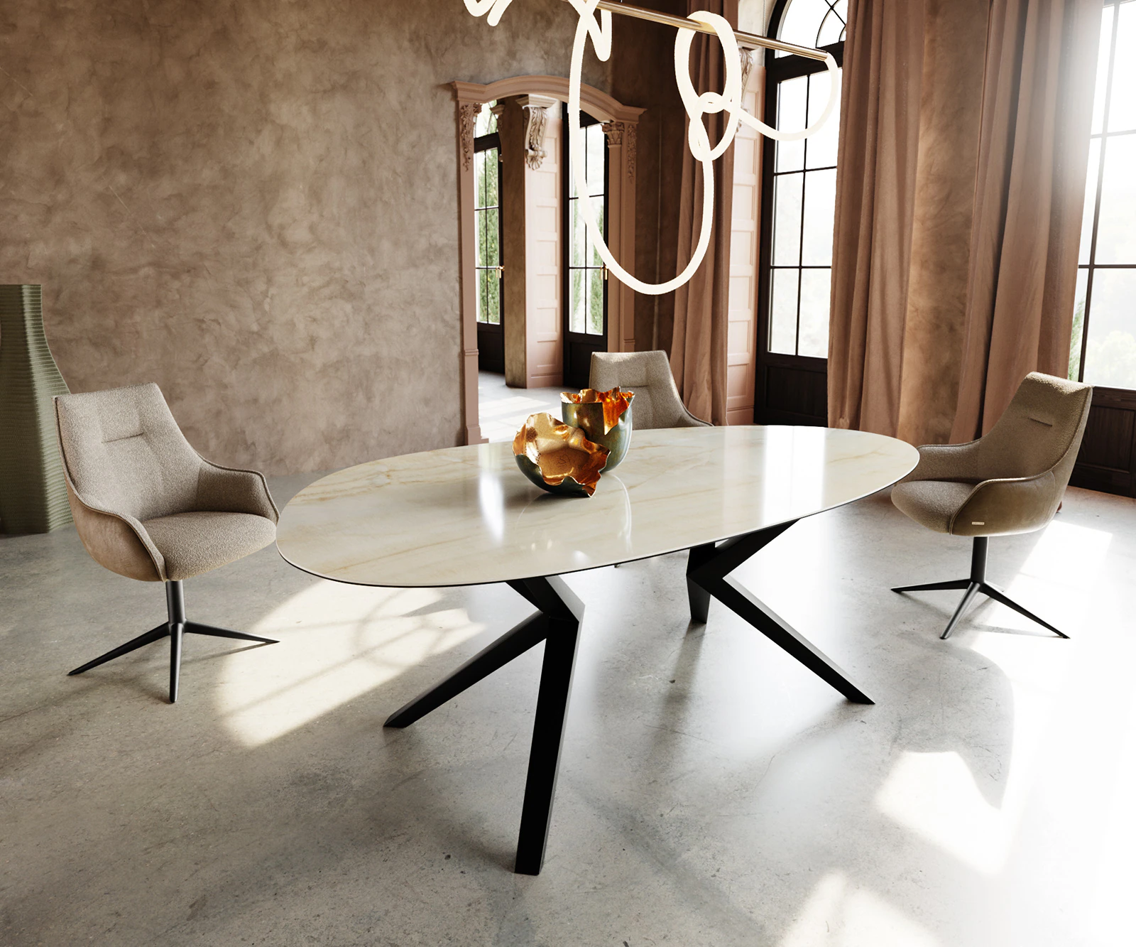 Esstisch Edge Oval 220x120 Keramik Iris FMG Onice Oro Zenthara kantig Metal günstig online kaufen