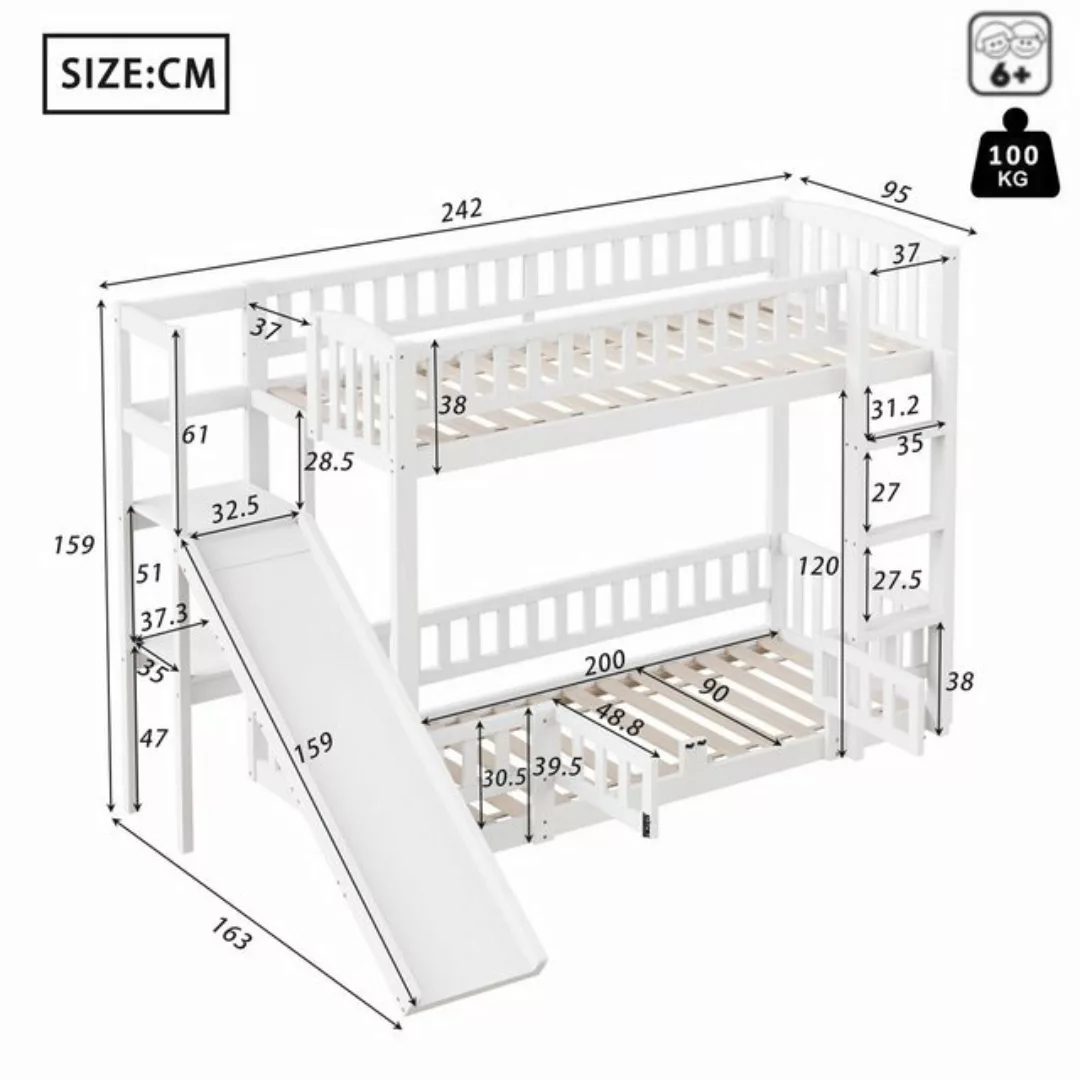 Flieks Etagenbett, Kinderbett Holzbett 90x200cm mit Ausfallschutz, Rutsche günstig online kaufen