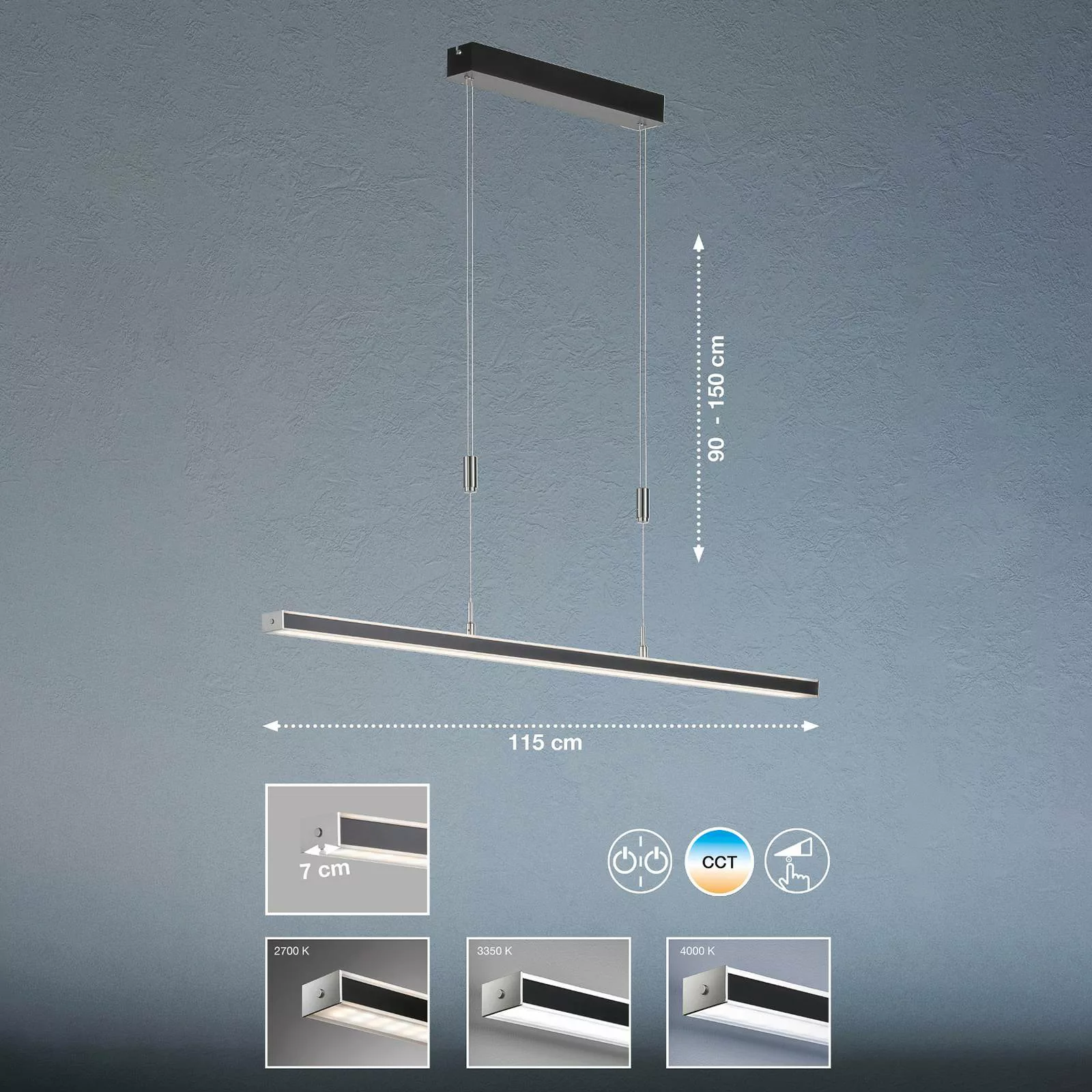 LED-Hängelampe Vitan, sandschwarz, Länge 115 cm, 2-flg., CCT günstig online kaufen