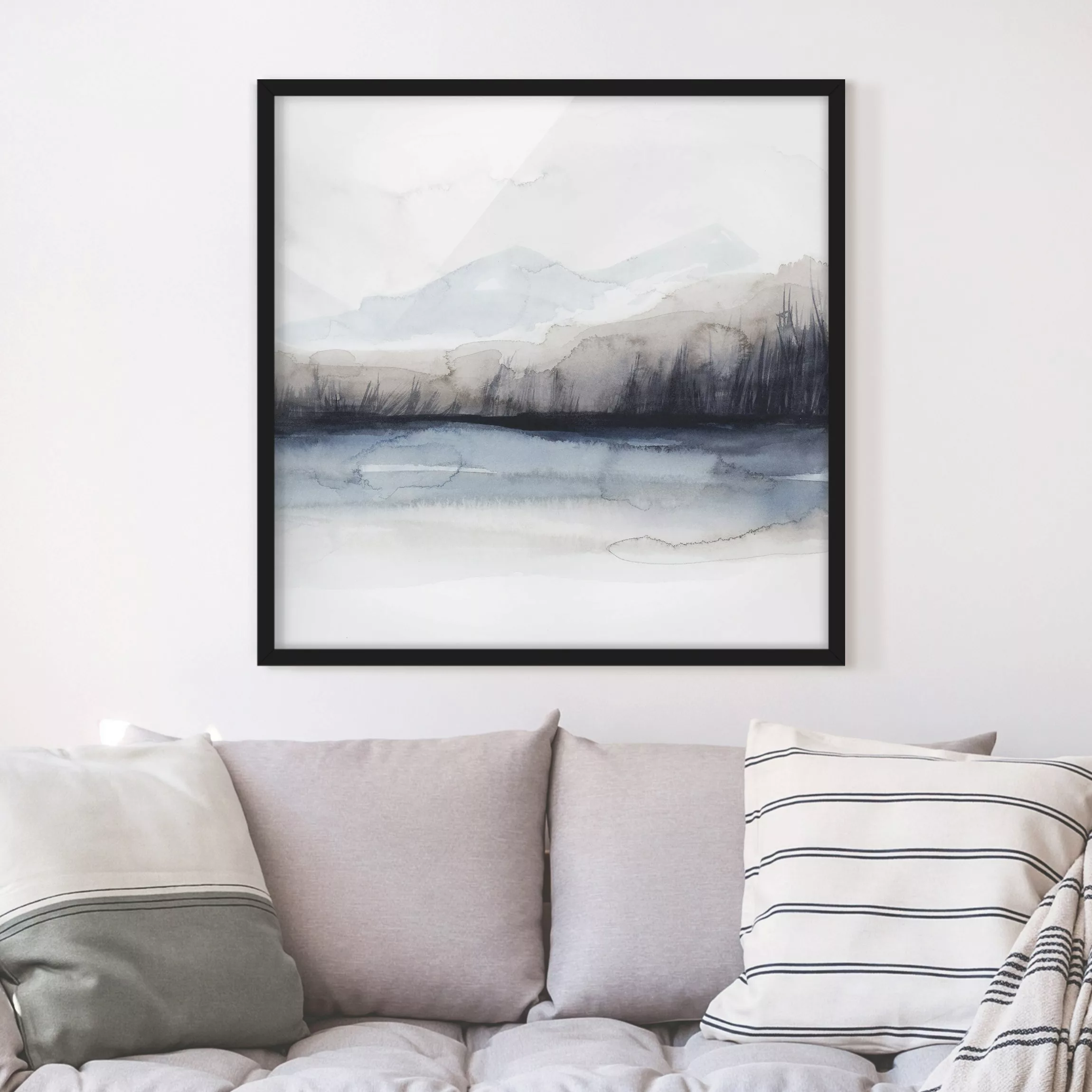 Bild mit Rahmen Abstrakt - Quadrat Seeufer mit Bergen I günstig online kaufen