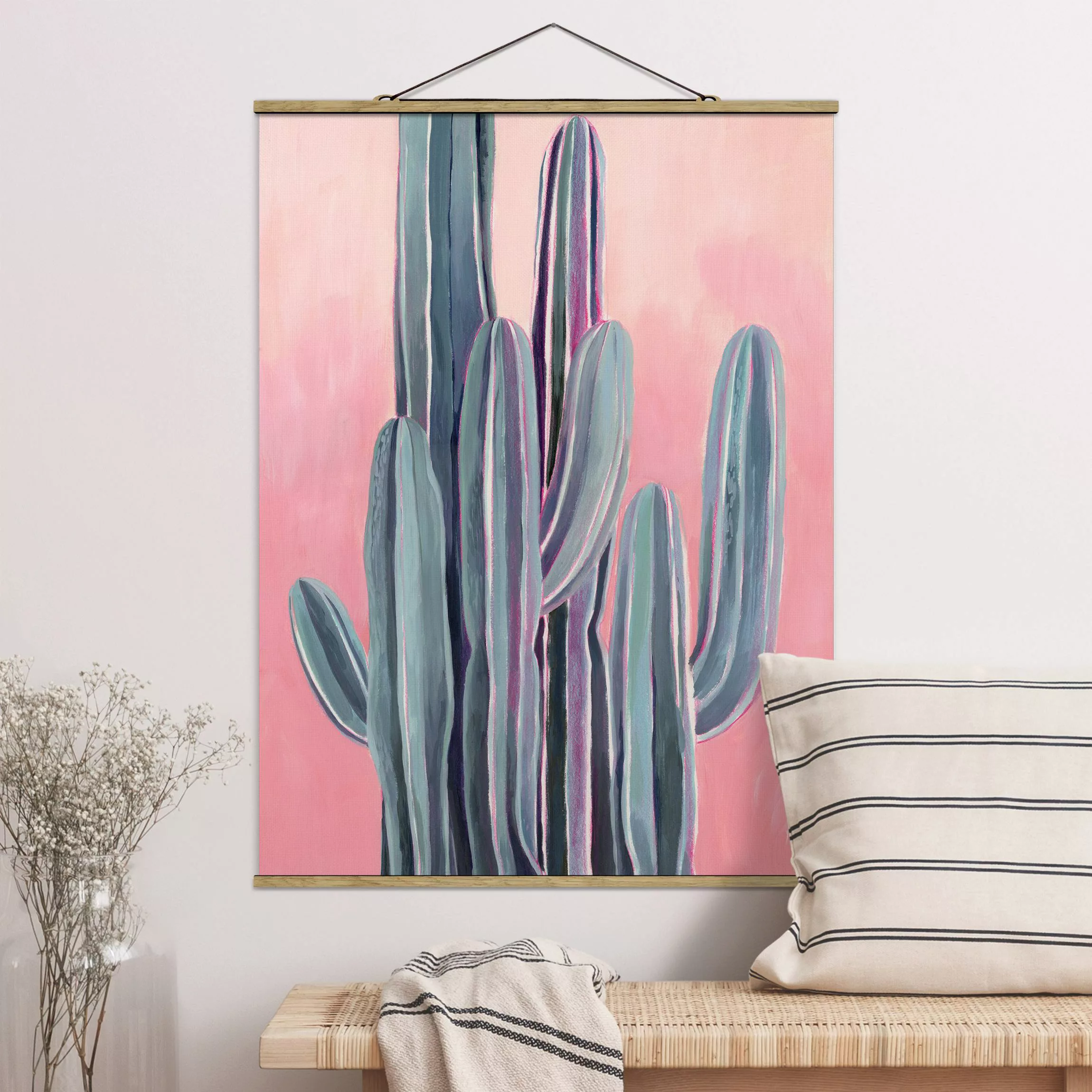 Stoffbild Blumen mit Posterleisten - Hochformat Kaktus auf Rosa II günstig online kaufen