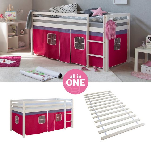 Homestyle4u Hochbett 90x200 cm Kinderbett Weiß Kiefer mit Vorhang Pink inkl günstig online kaufen