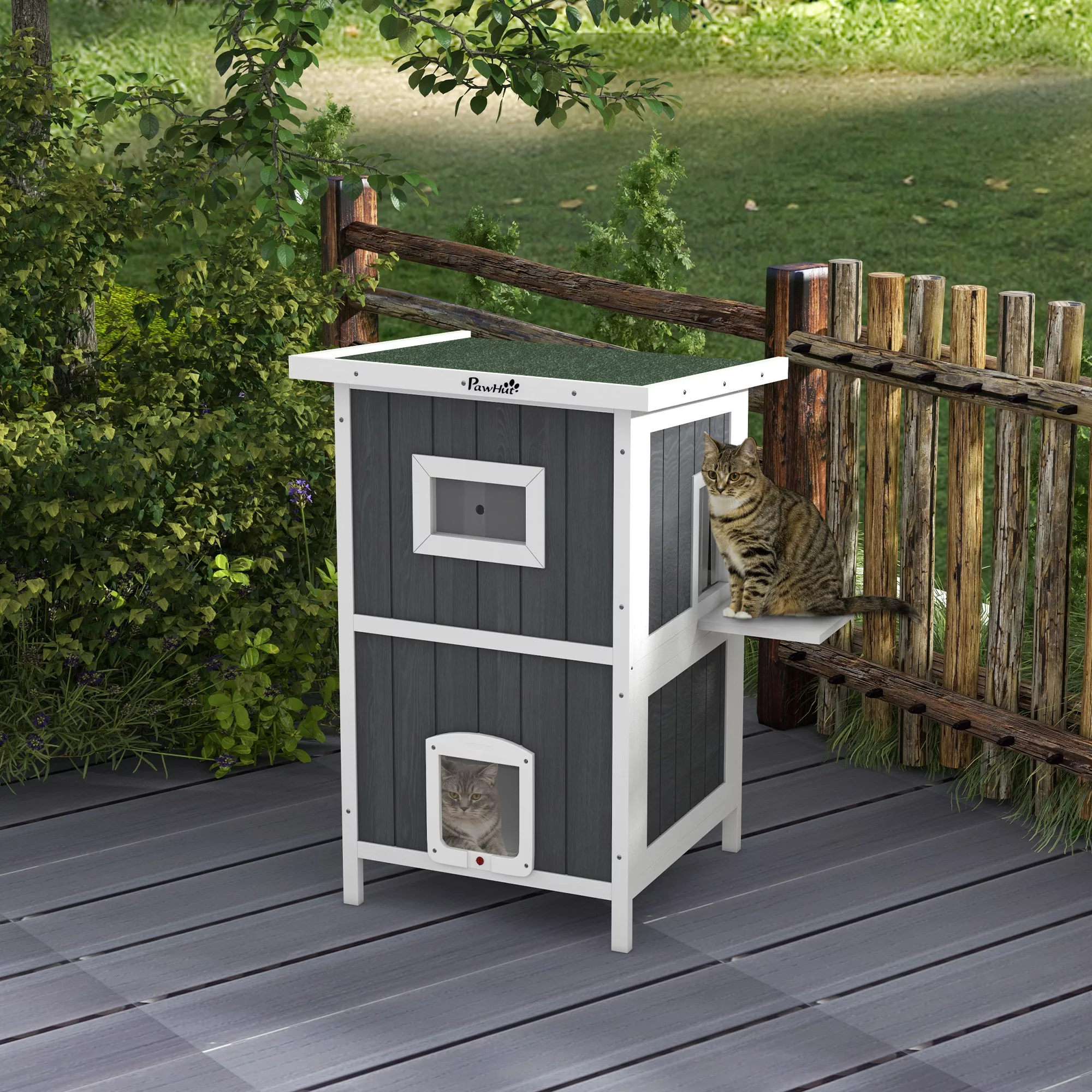 PawHut Outdoor Katzenhaus aus Holz 2-stöckig  Mit Balkon, 4 Türen, für 1-2 günstig online kaufen