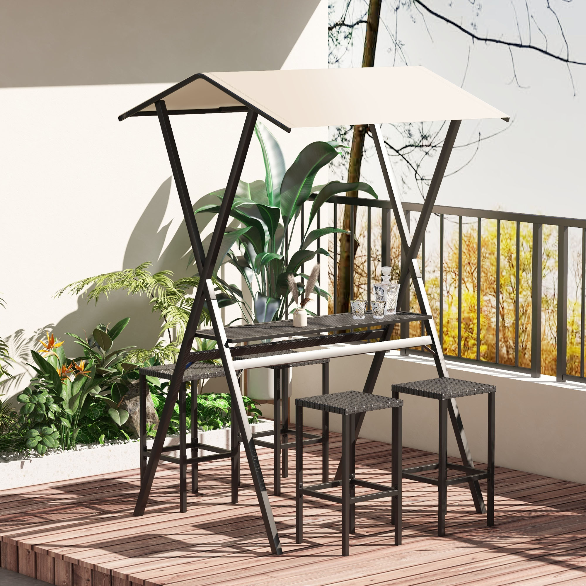 Outsunny Gartenbar-Set Rattan  Bartisch mit 4 Barhockern, Stehtisch mit Dac günstig online kaufen