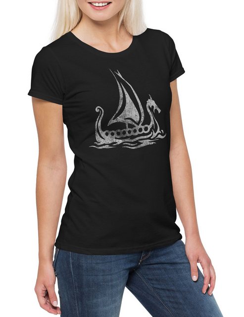 Urban Backwoods Print-Shirt Viking Ship IV Damen T-Shirt Drachenboot Runen günstig online kaufen