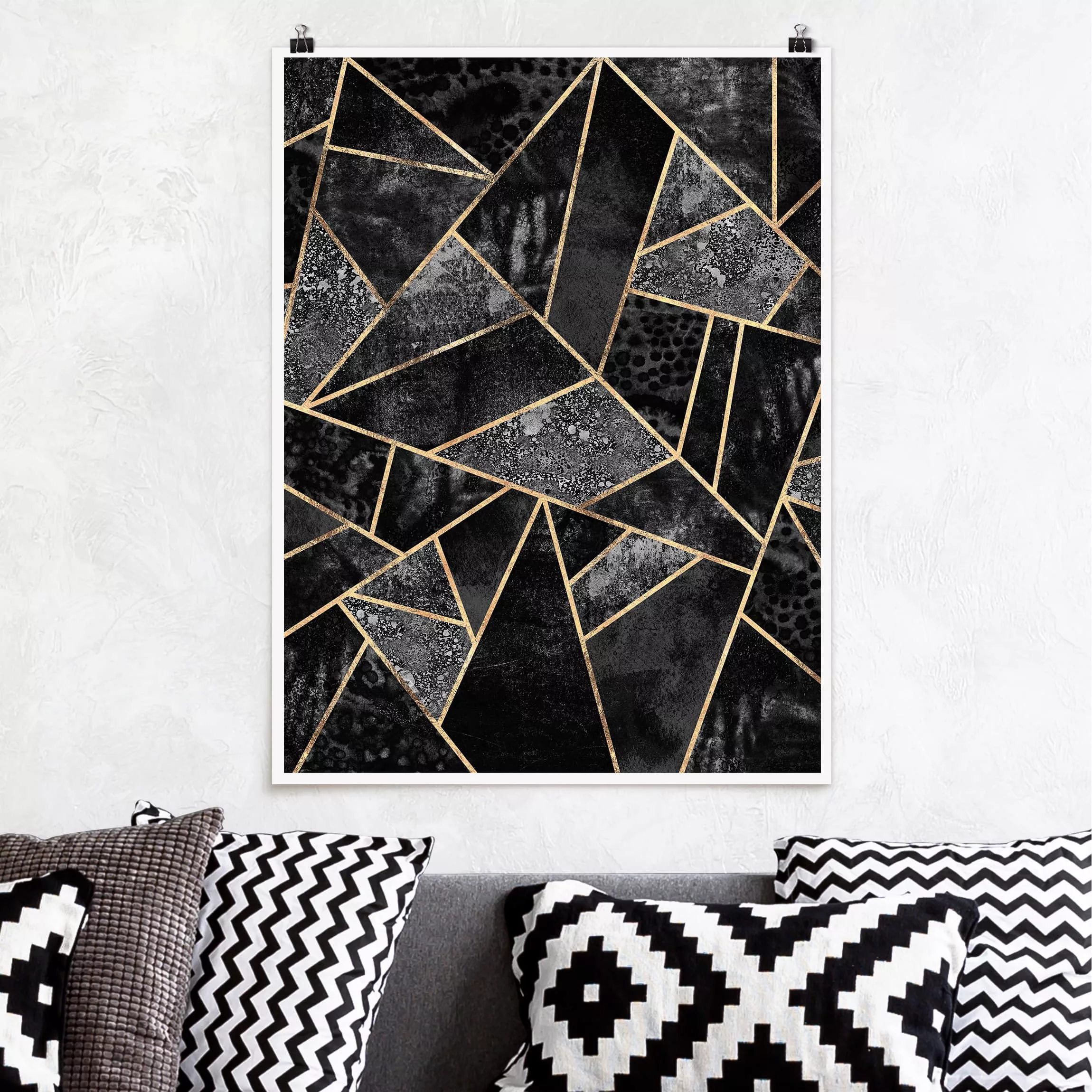 Poster Kunstdruck - Hochformat Graue Dreiecke Gold günstig online kaufen