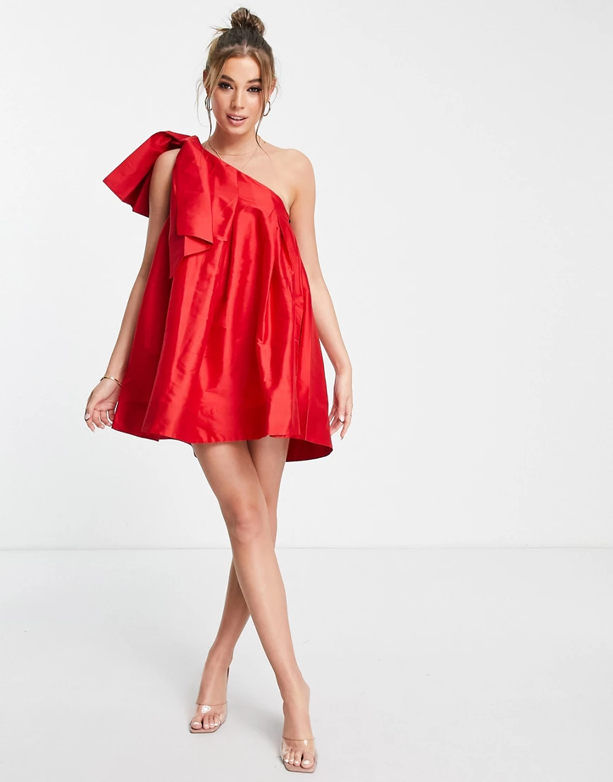 Forever New – Minikleid in Rot mit One-Shoulder-Träger und Oversize-Schleif günstig online kaufen