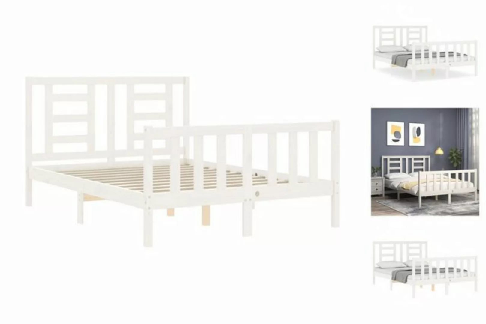 vidaXL Bettgestell Massivholzbett mit Kopfteil Weiß 140x200 cm Bett Bettges günstig online kaufen