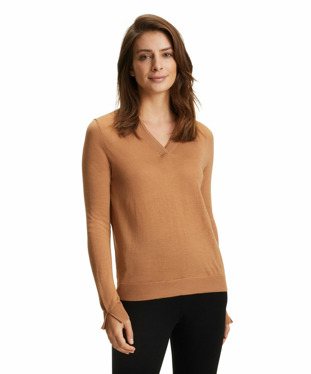 FALKE Damen Langarmshirt V-Ausschnitt, XXL, Braun, Uni, Schurwolle, 64164-5 günstig online kaufen