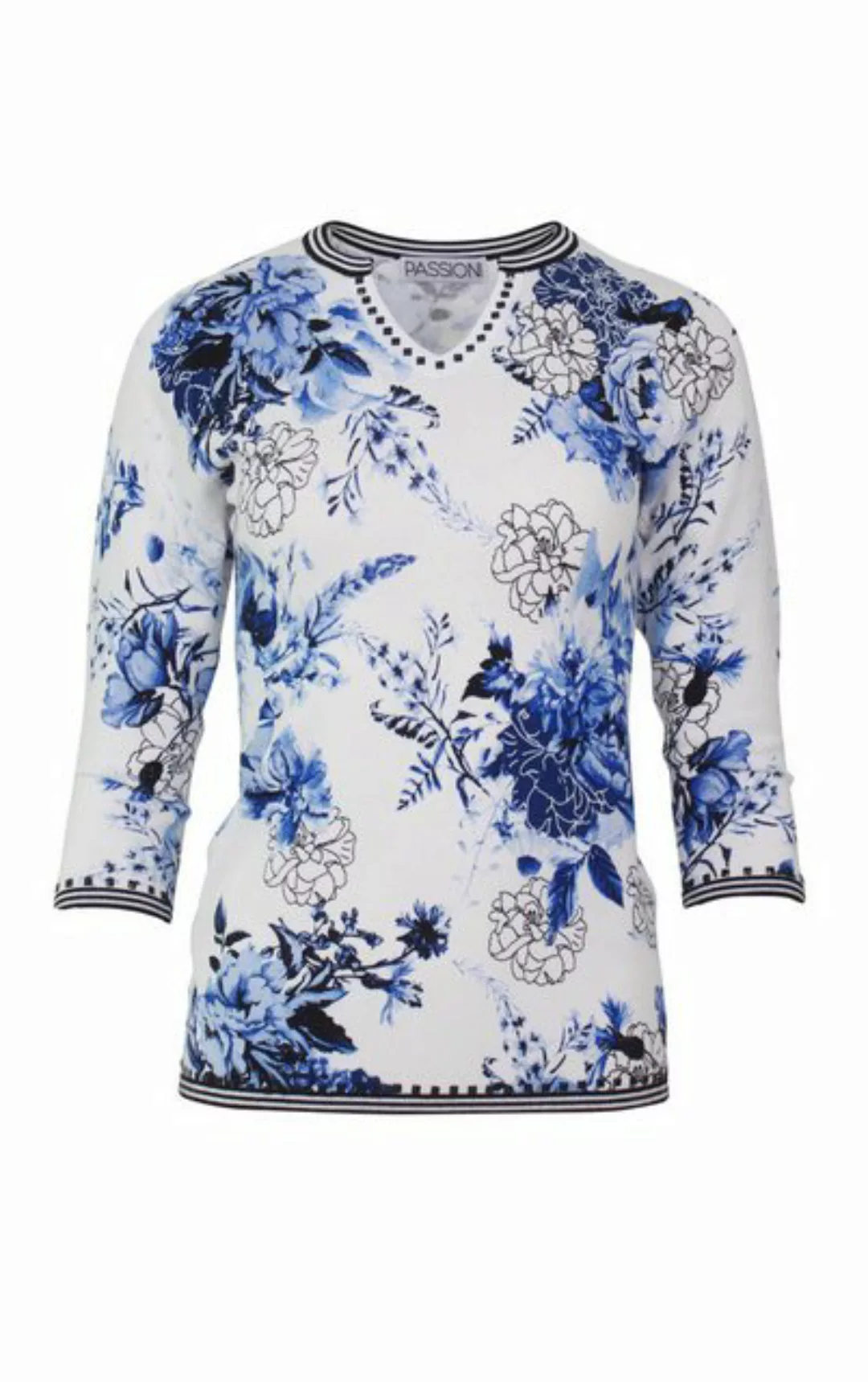 Passioni 3/4 Arm-Pullover mit floralem Print in Blau und Streifen Abschluss günstig online kaufen