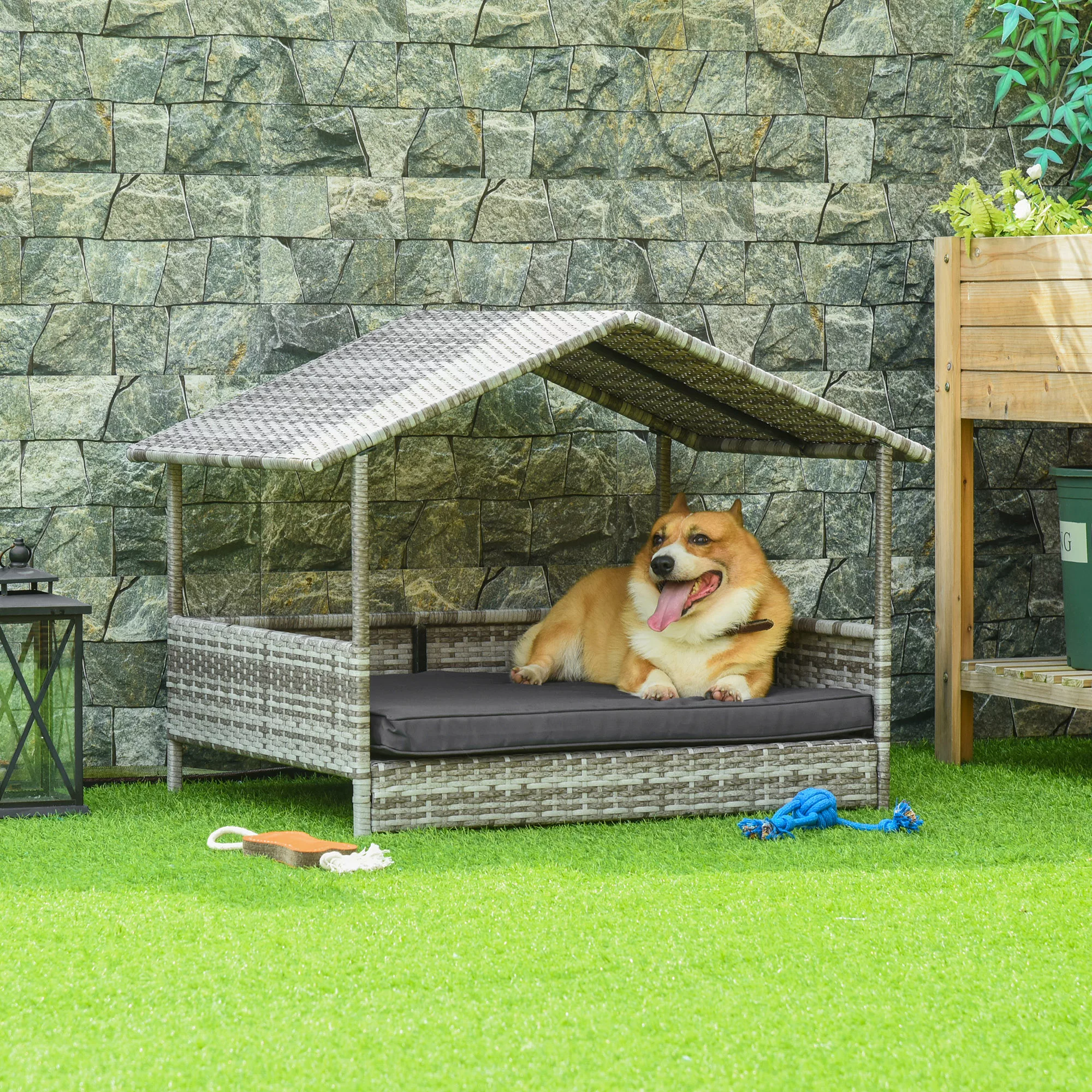 PawHut Rattan Hundehaus mit Kissen, Hundebett im Hausform, Outdoor Hundehüt günstig online kaufen