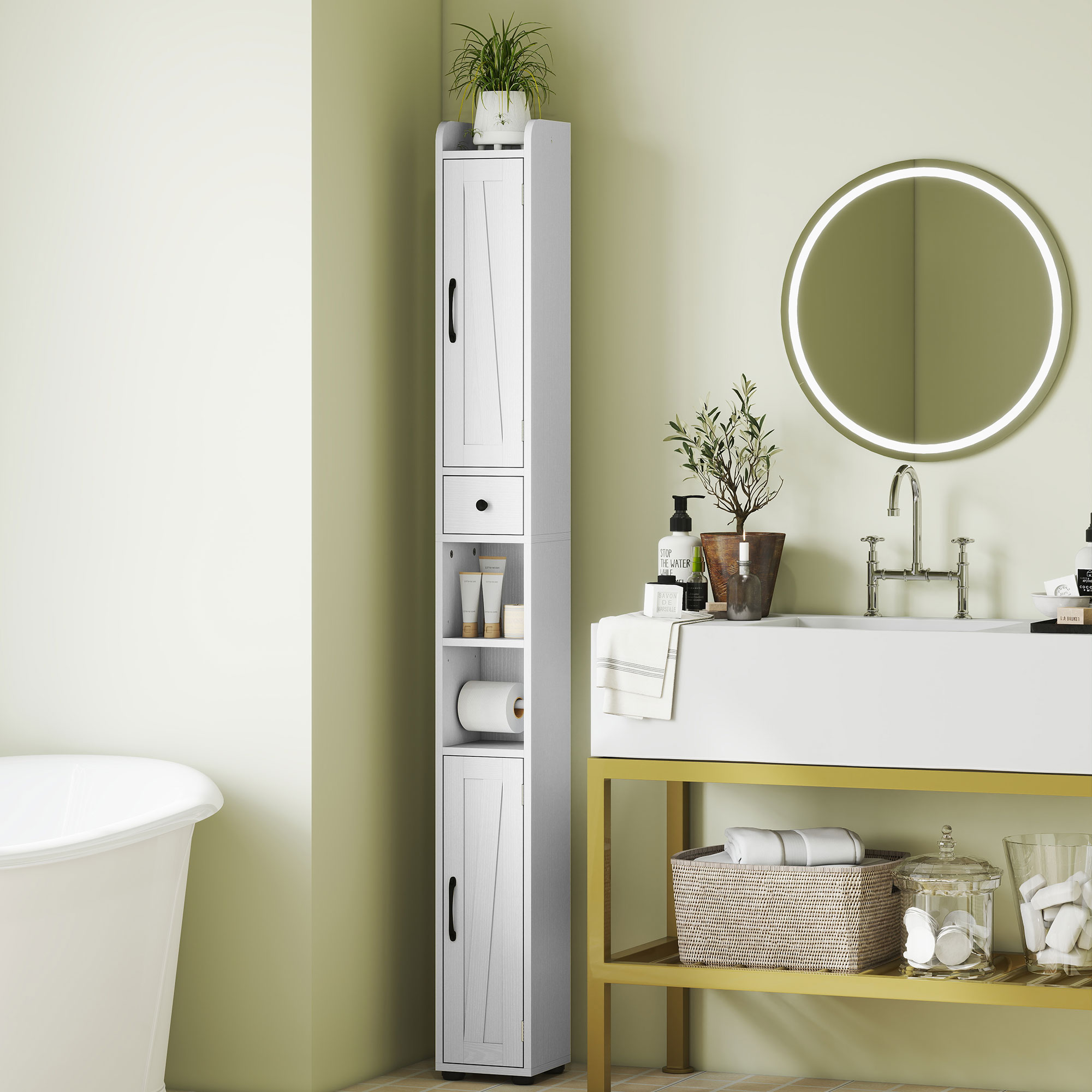 HOMCOM Hochschrank Badezimmer, Badezimmerschrank Säule, 2 Türen, Schublade, günstig online kaufen