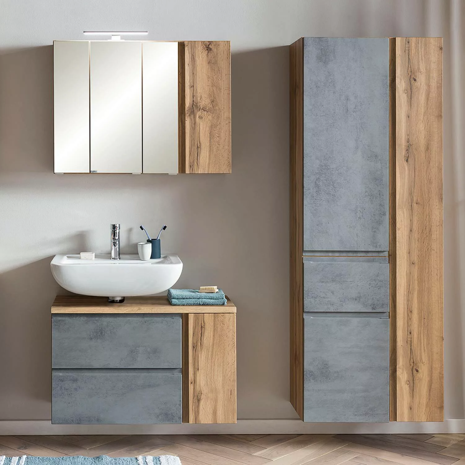 Badezimmermöbel Set, stehend oder hängend, in Wotan Eiche Nb. mit Beton Opt günstig online kaufen