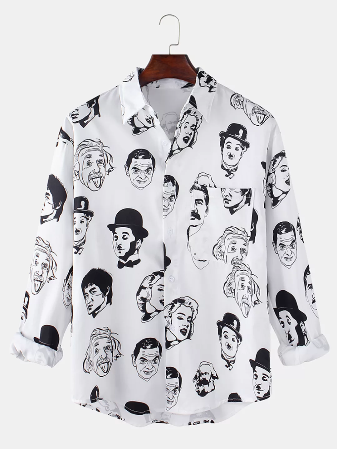 Herren All Over Celebrity Print Ansteckkragen Lässige Langarmhemden mit Tas günstig online kaufen