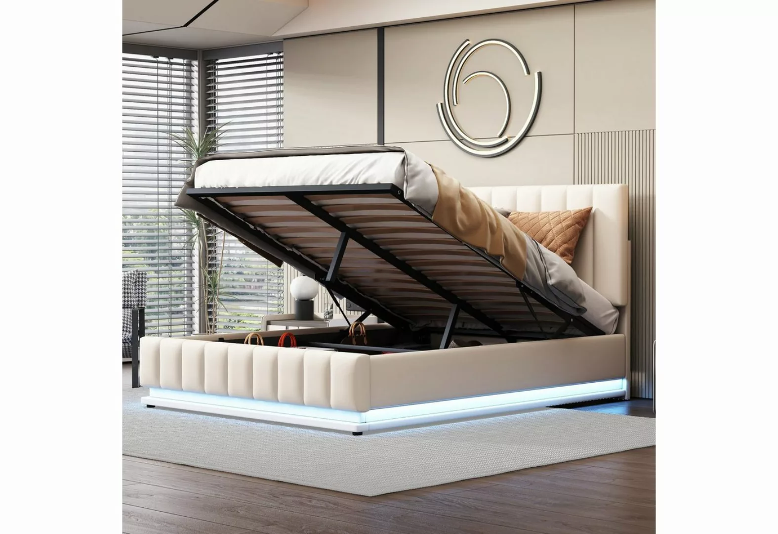 Celya Polsterbett Doppelbett 140x200cm mit LED, Metalllattenrost & Bettkast günstig online kaufen