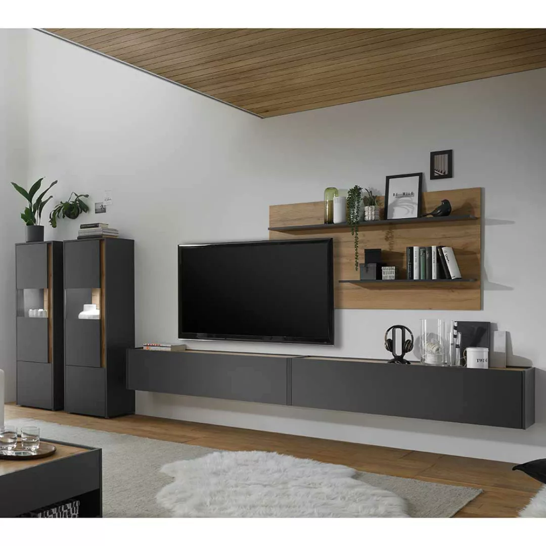 Wohnzimmer Schrankwand in Anthrazit und Wildeiche Optik 400 cm breit (fünft günstig online kaufen