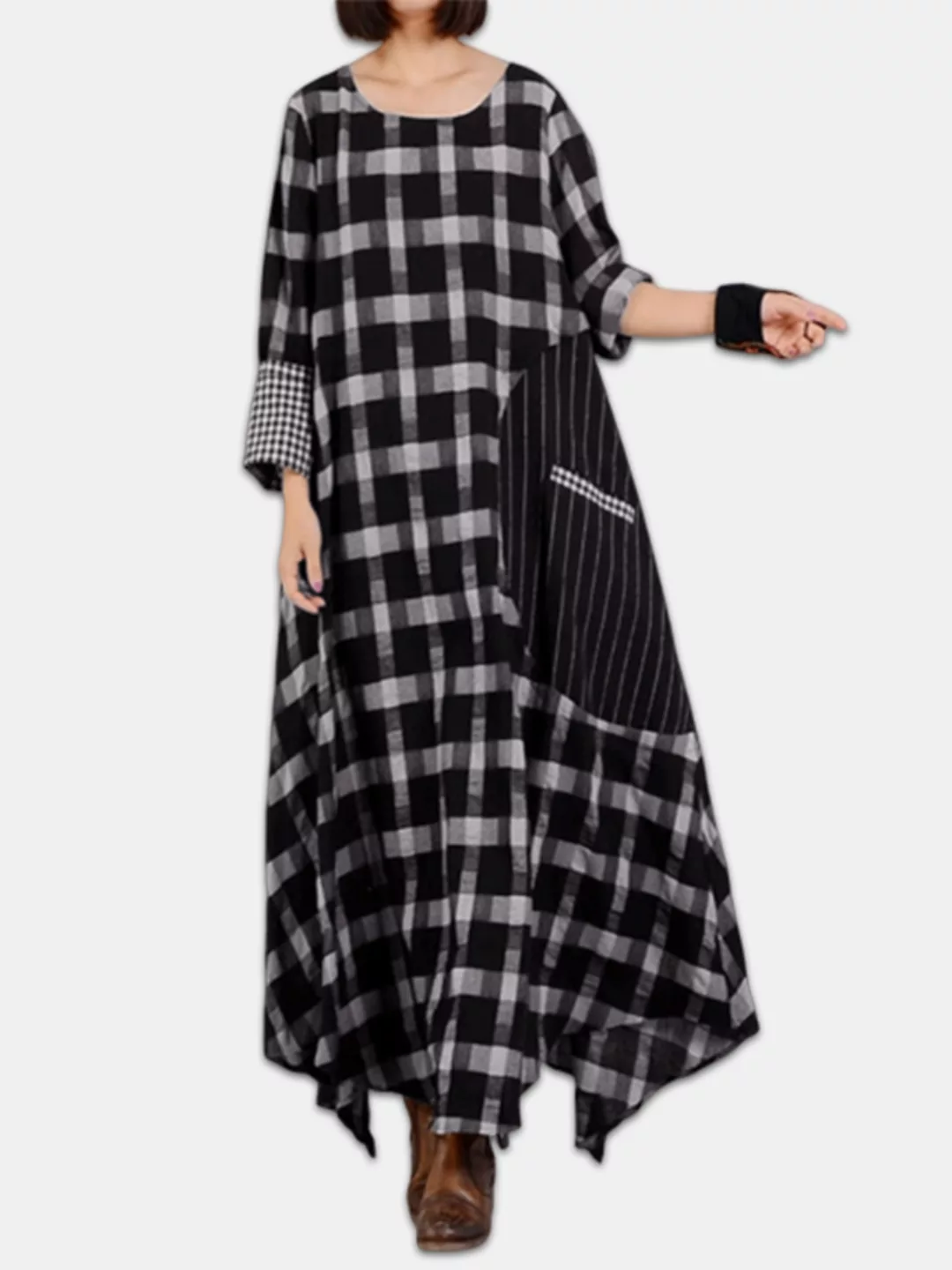 Two Tone Plaid Big Pocket Plus Größe Baggy Maxi Kleid günstig online kaufen