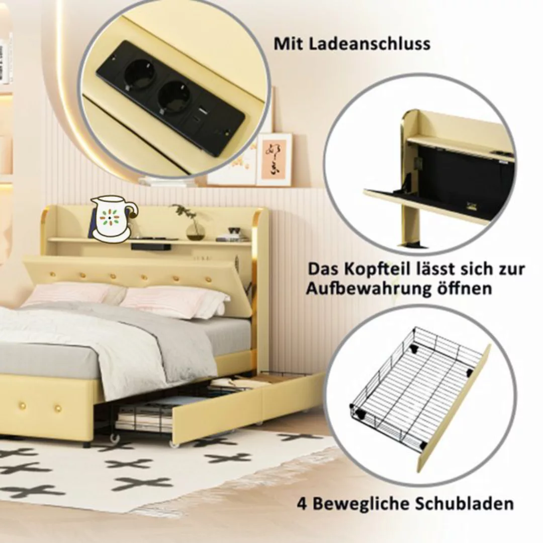 XDeer Bett Polsterbett 140 x 200 cm, Doppelbett, Kopfteil mit USB-Anschluss günstig online kaufen