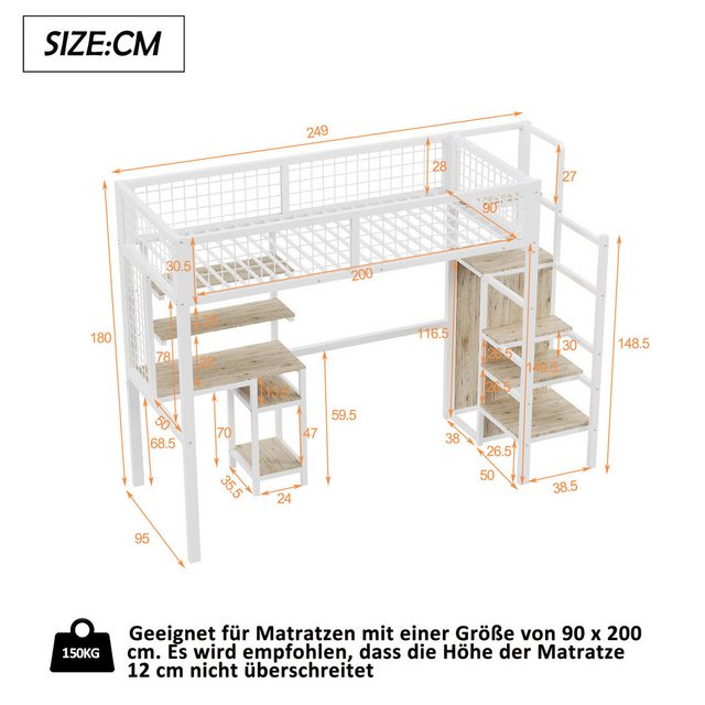 Flieks Hochbett Kinderbett 90x200cm mit Tisch/Leiter/Regal/Kleiderschrank ( günstig online kaufen