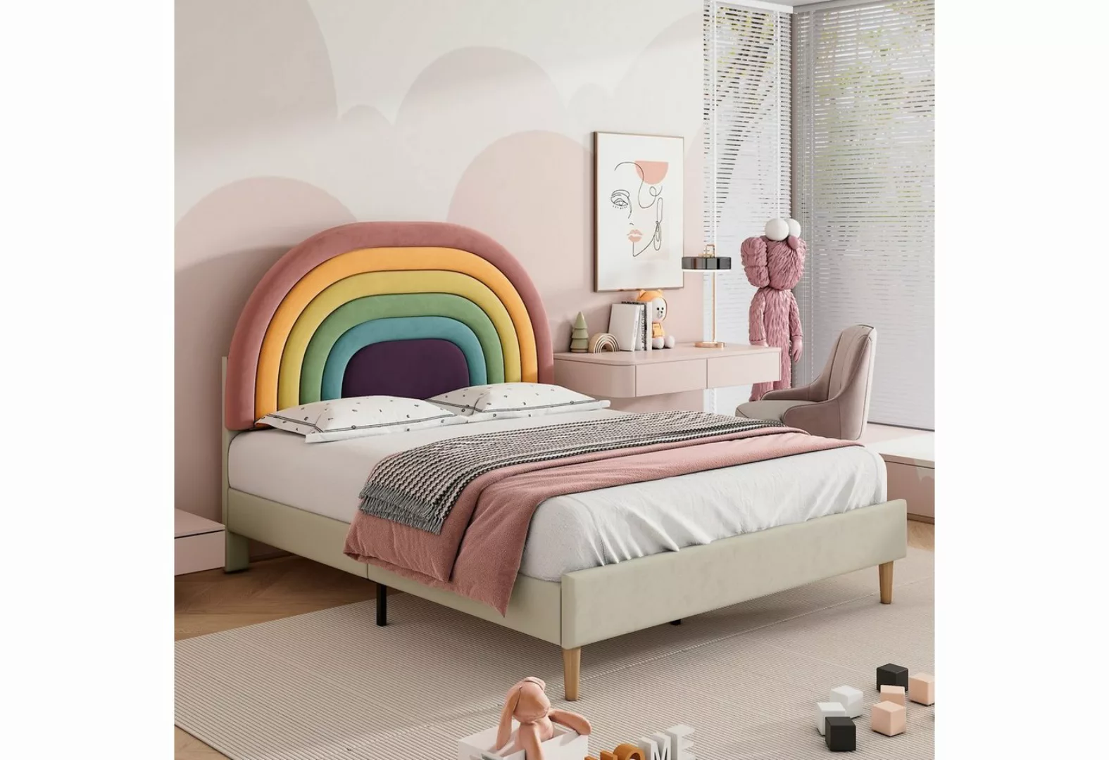 Flieks Polsterbett, Kinderbett mit verstellbarem Regenbogen-Kopfteil 140x20 günstig online kaufen