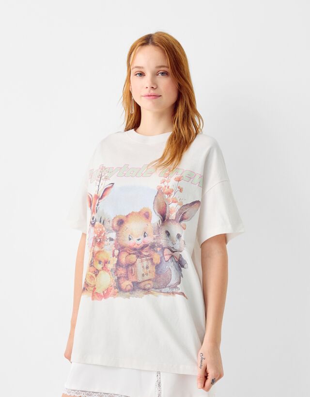 Bershka T-Shirt Mit Print Damen L Rohweiß günstig online kaufen