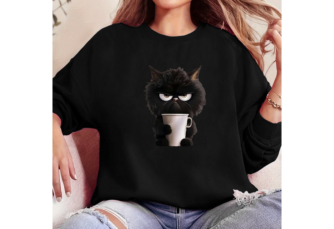 PYL Fleecepullover Damen Rundhalsausschnitt Sweatshirt Katze Druck Loose Pu günstig online kaufen