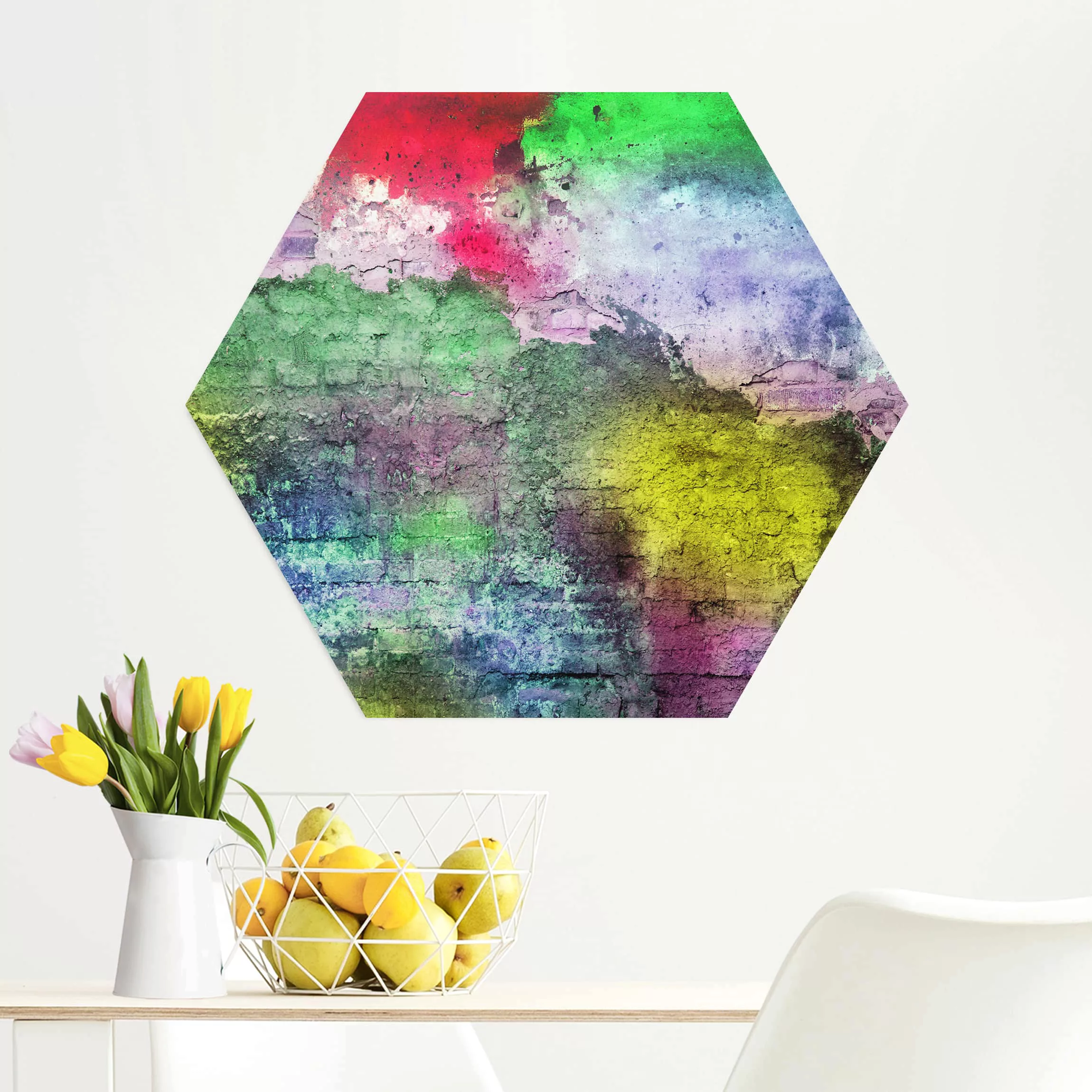 Hexagon-Alu-Dibond Bild Bunte besprühte alte Wand aus Backstein günstig online kaufen