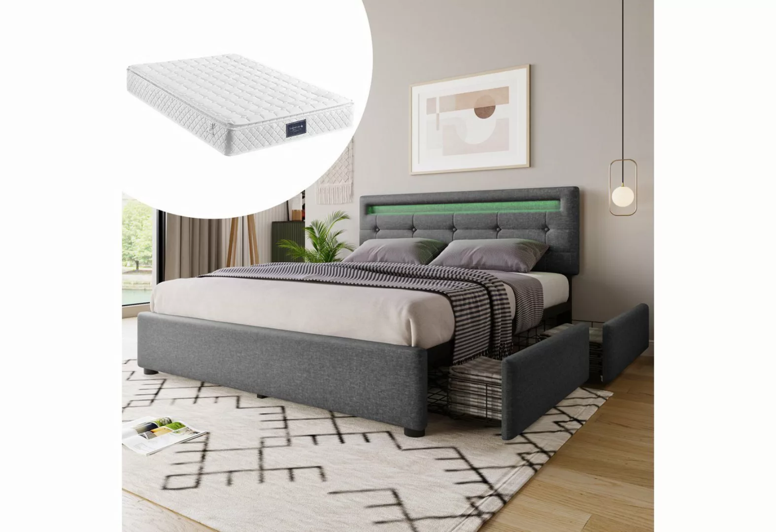 Gotagee Polsterbett Jugendbett LED Doppelbett 140x200 Mit Matratze Flaches günstig online kaufen