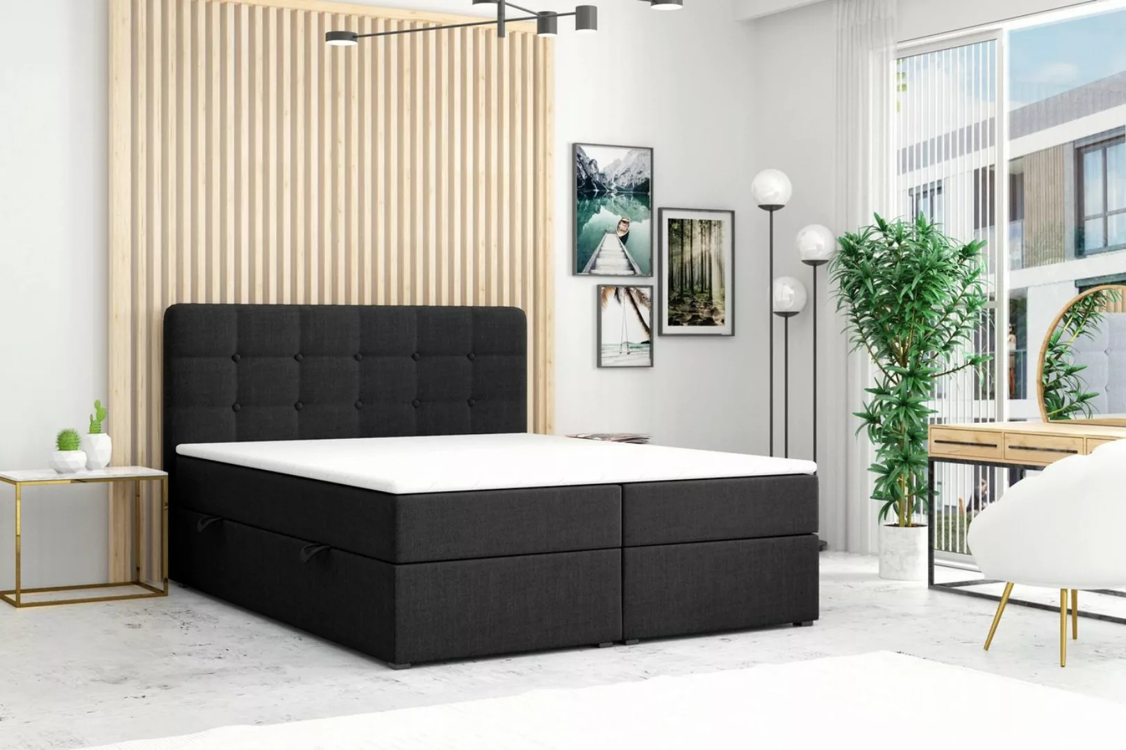 Möbel Punkt Boxspringbett Prag Grau Schwarz mit VISCO TOPPER (180 x 200 cm) günstig online kaufen