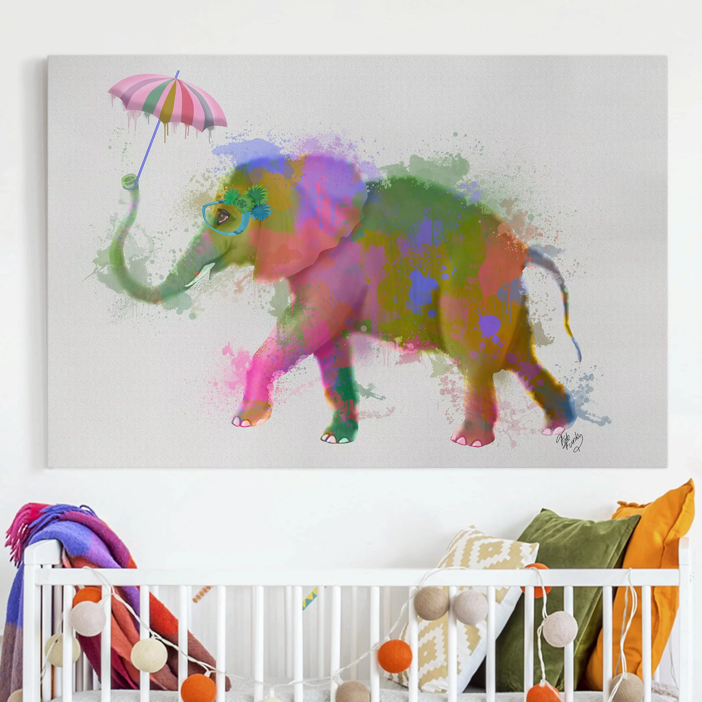 Leinwandbild Kinderzimmer - Querformat Regenbogen Splash Elefant günstig online kaufen