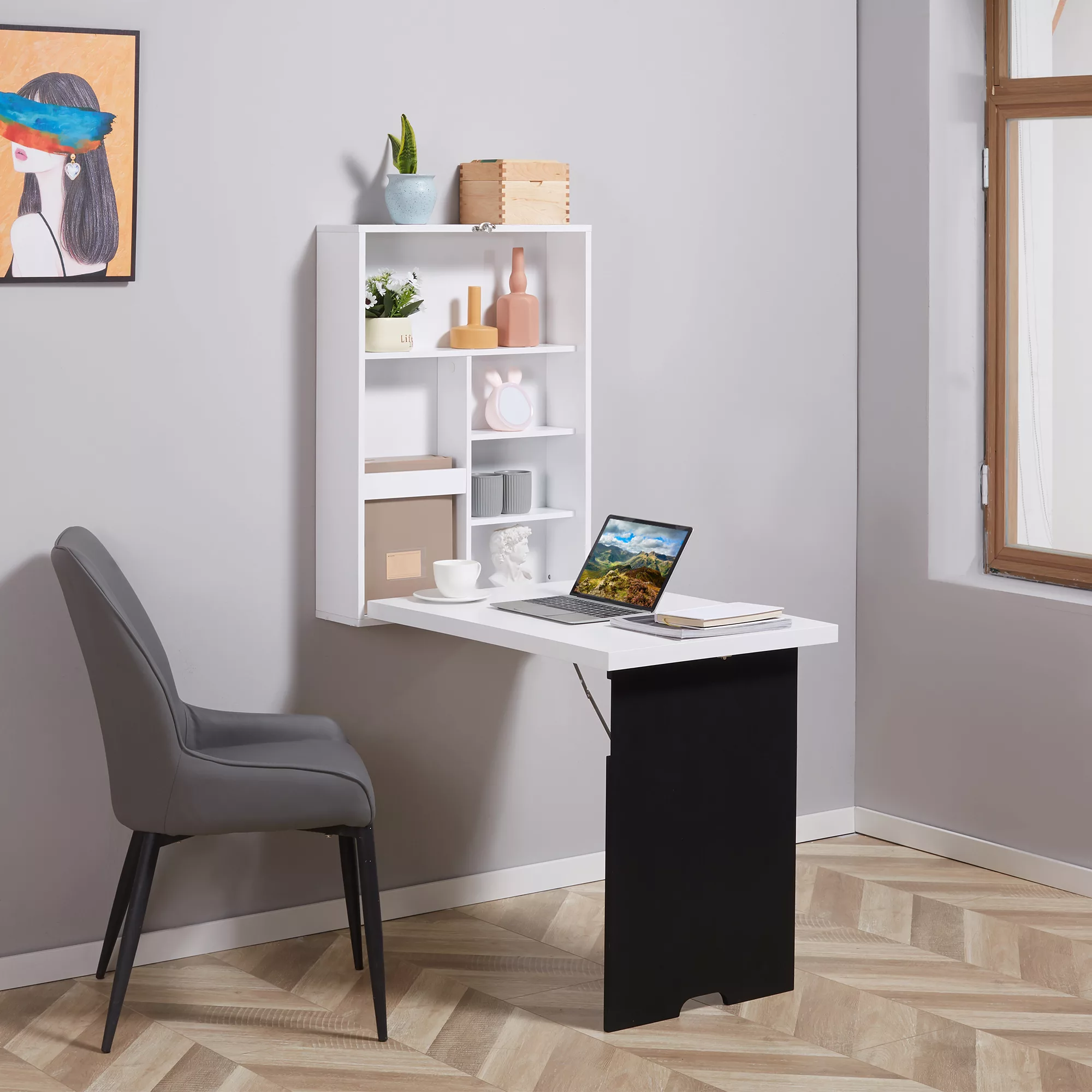 HOMCOM Schreibtisch  Wandtisch, Wandklapptisch mit Tafel, 5 Fächern, Klapps günstig online kaufen