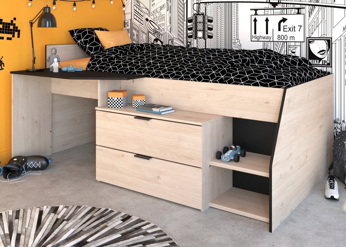 Parisot Hochbett Milky (Jugendbett 90 x 200 cm, Eiche mit schwarz) mit viel günstig online kaufen