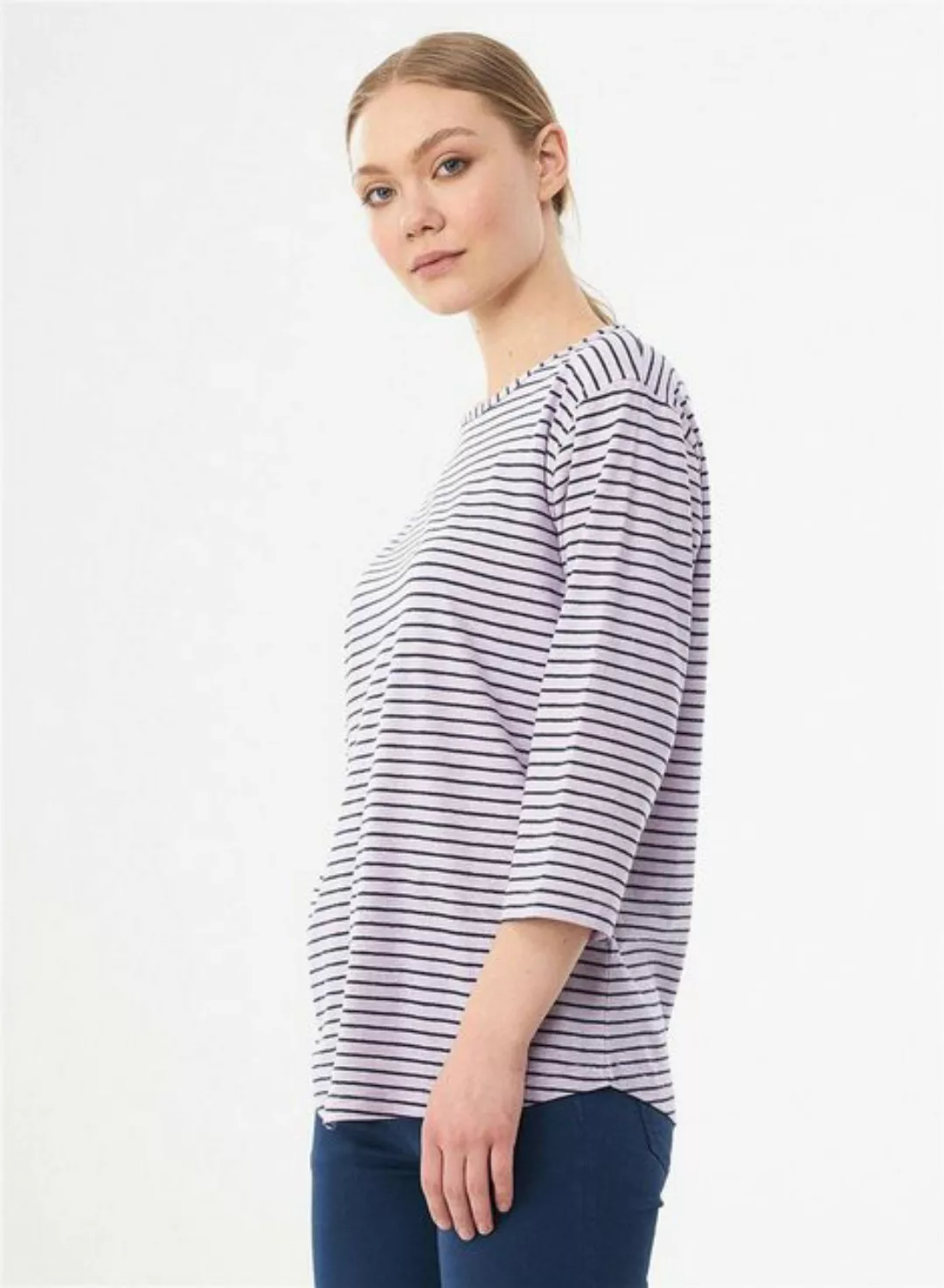 ORGANICATION T-Shirt Women's Striped 3/4 Sleeve T-Shirt in Lavender Fog/Nav günstig online kaufen