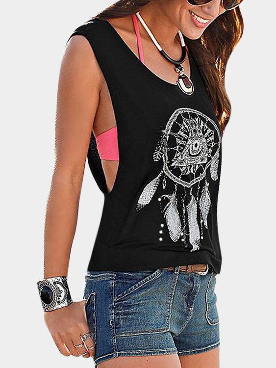 Schwarzes, ausgeschnittenes, bedrucktes Tanktop mit rundem Hals günstig online kaufen