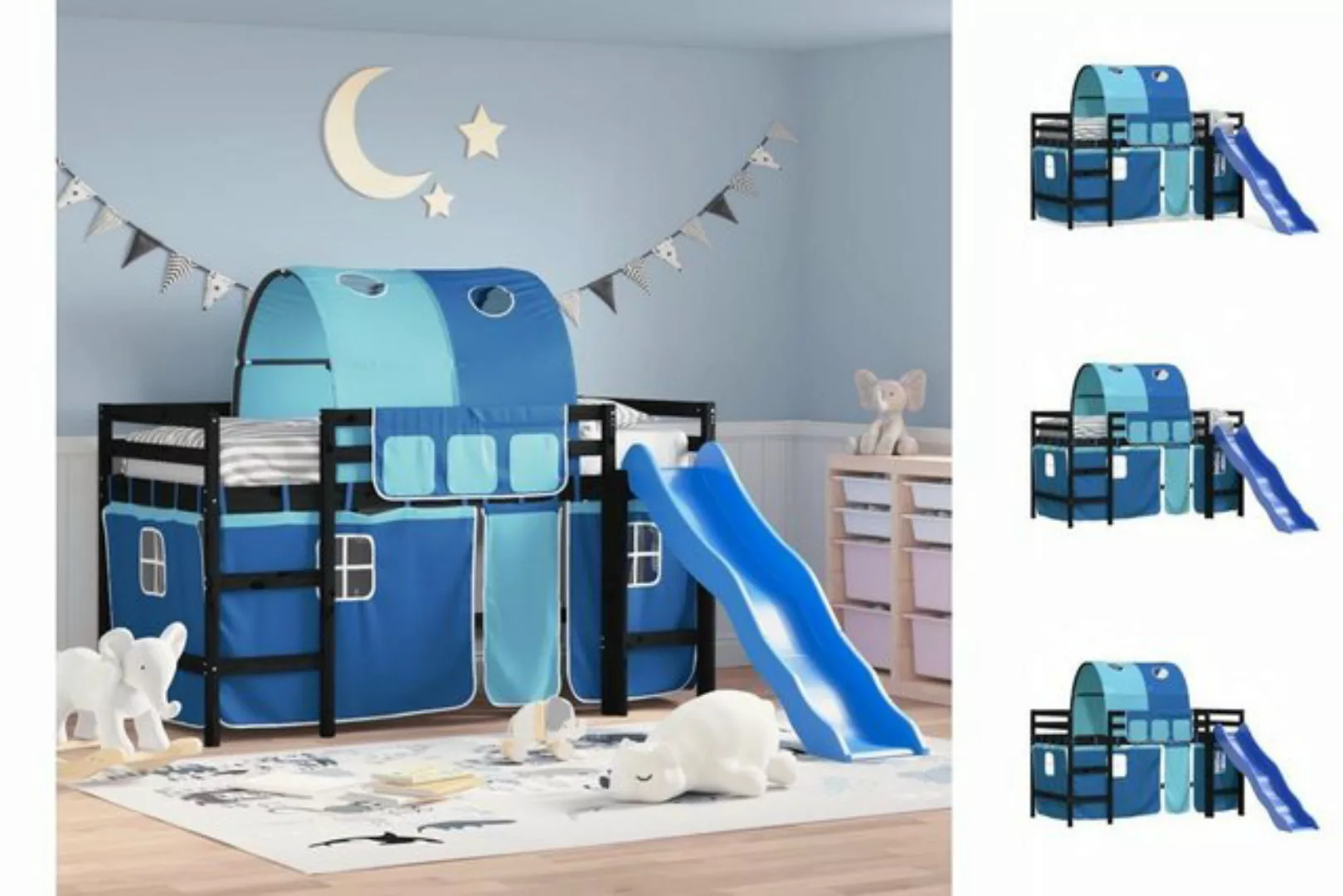 vidaXL Kinderbett Kinderhochbett mit Tunnel Blau 90x200 cm Massivholz Kiefe günstig online kaufen