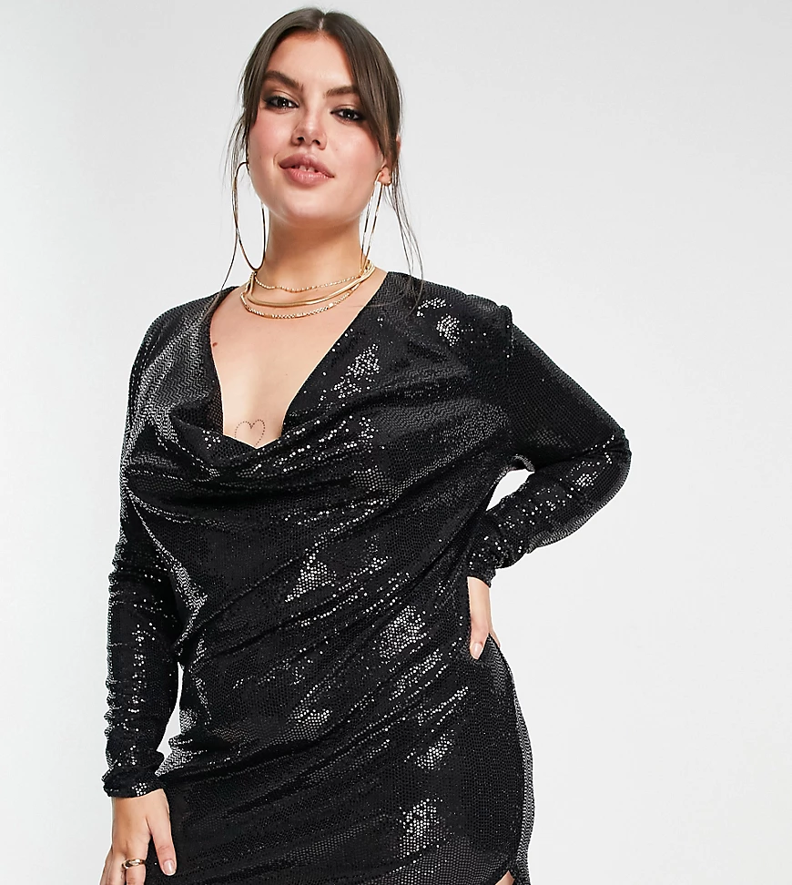 Flounce London Plus – Pailletten-Minikleid in Schwarz mit Wasserfallausschn günstig online kaufen