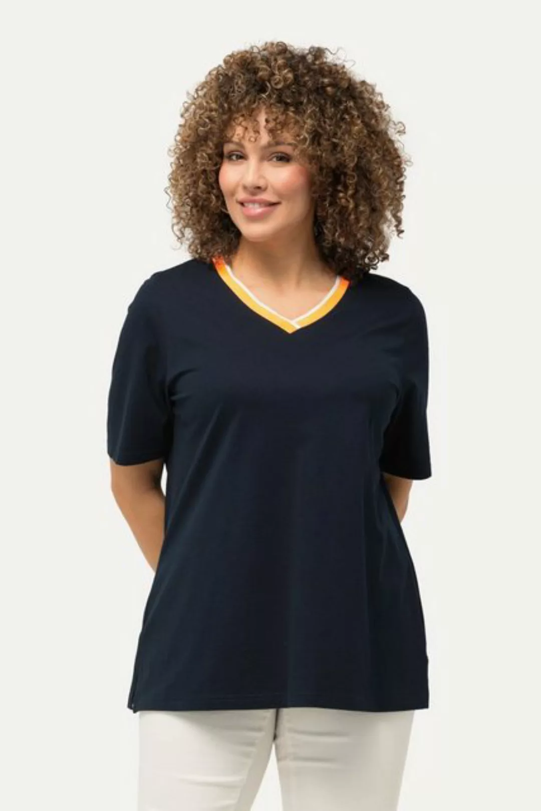 Ulla Popken Rundhalsshirt T-Shirt Streifenbündchen V-Ausschnitt Halbarm günstig online kaufen
