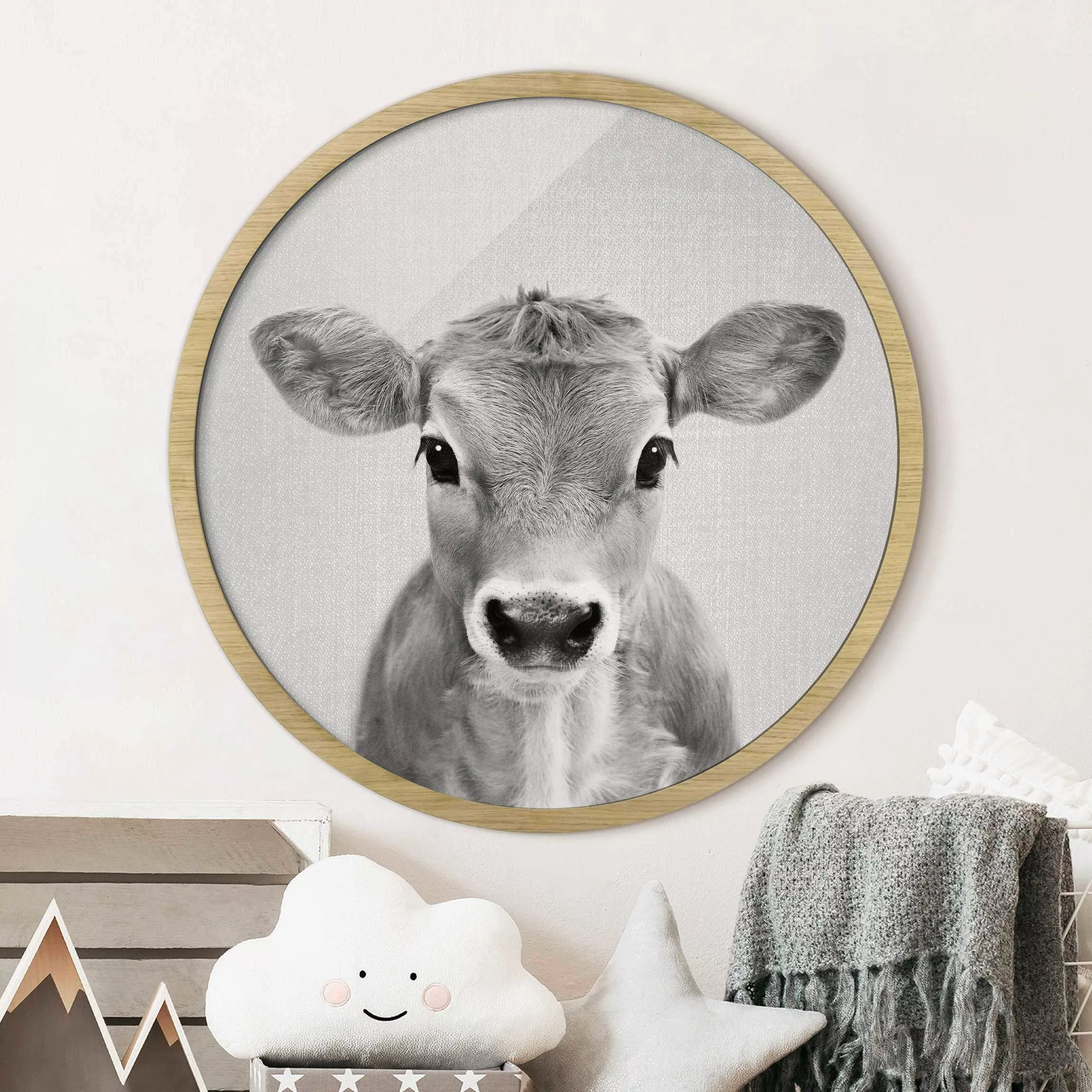 Rundes Gerahmtes Bild Baby Kuh Kira Schwarz Weiß günstig online kaufen