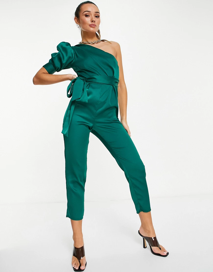 ASOS DESIGN – Jumpsuit in Tannengrün mit One-Shoulder-Puffärmel günstig online kaufen