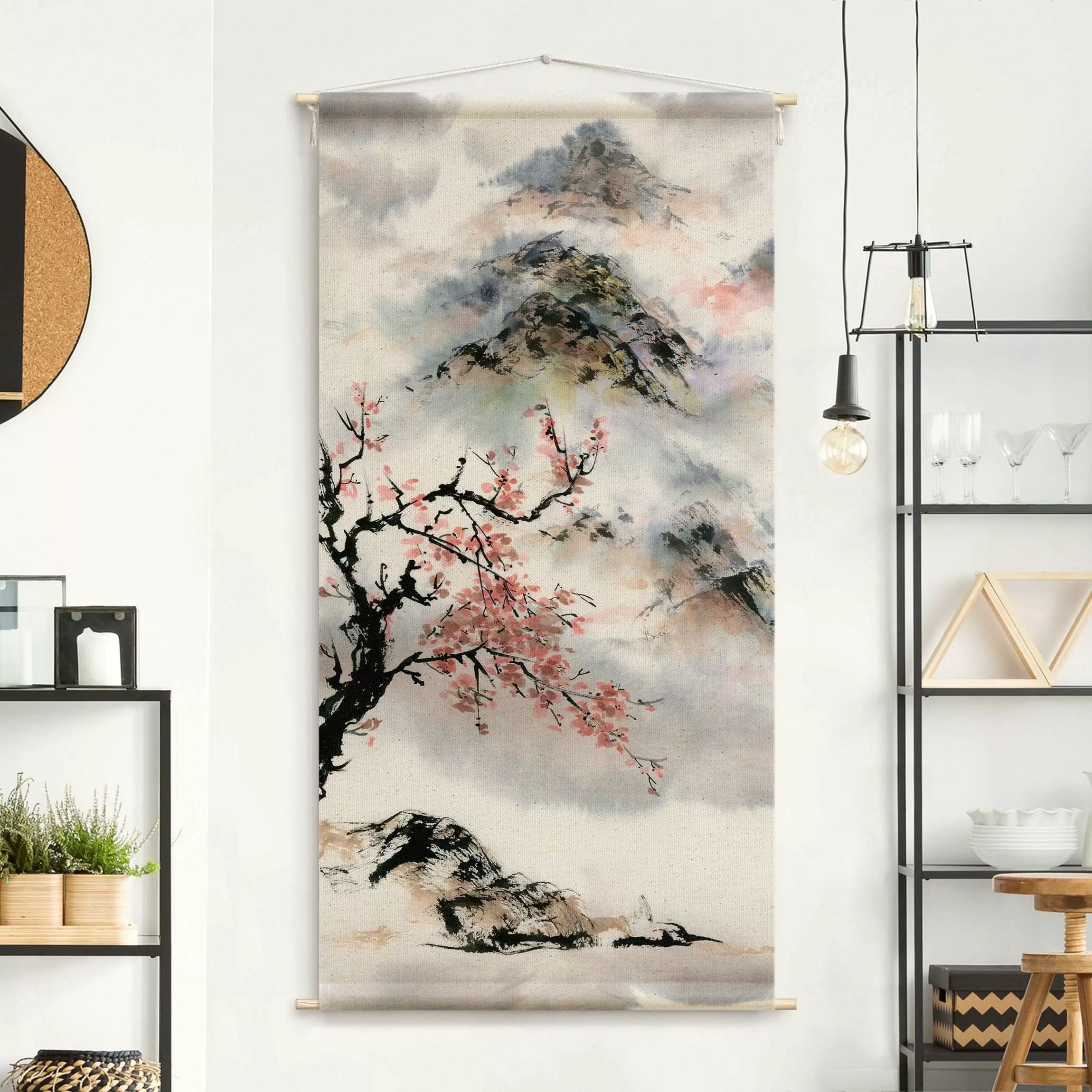 Wandteppich Japanische Aquarell Zeichnung Kirschbaum und Berge günstig online kaufen