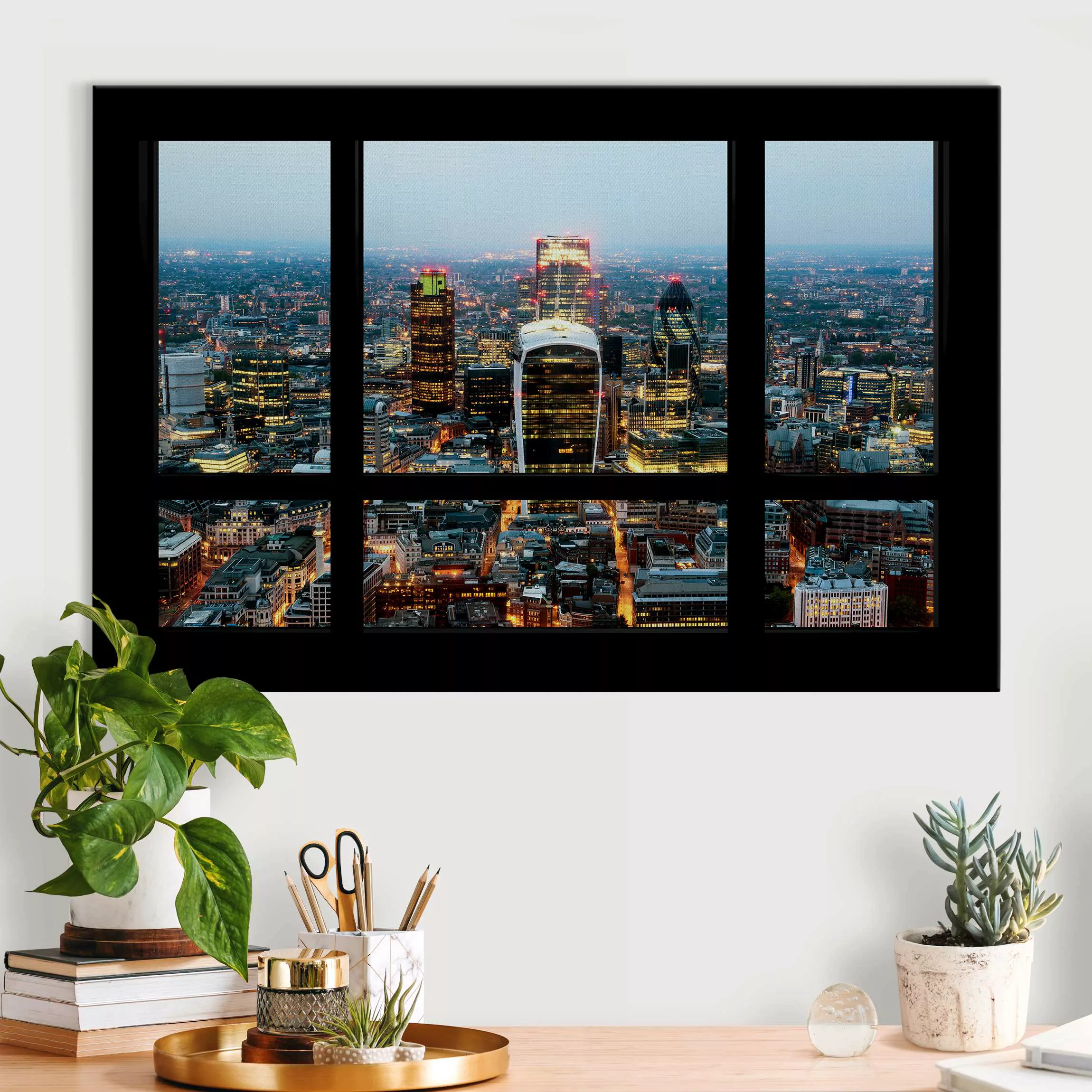 Akustikbild Fensterblick auf beleuchtete Skyline von London günstig online kaufen