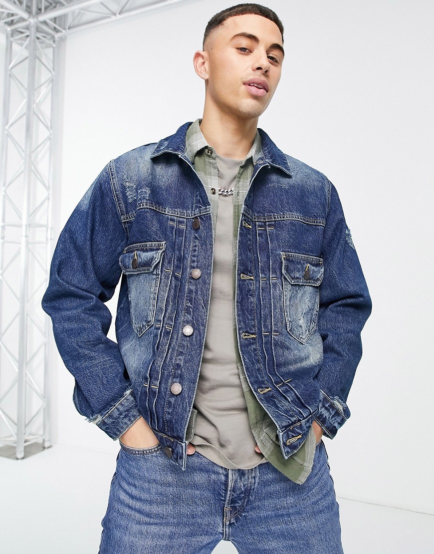 River Island – Kastige Jeansjacke in Blau günstig online kaufen