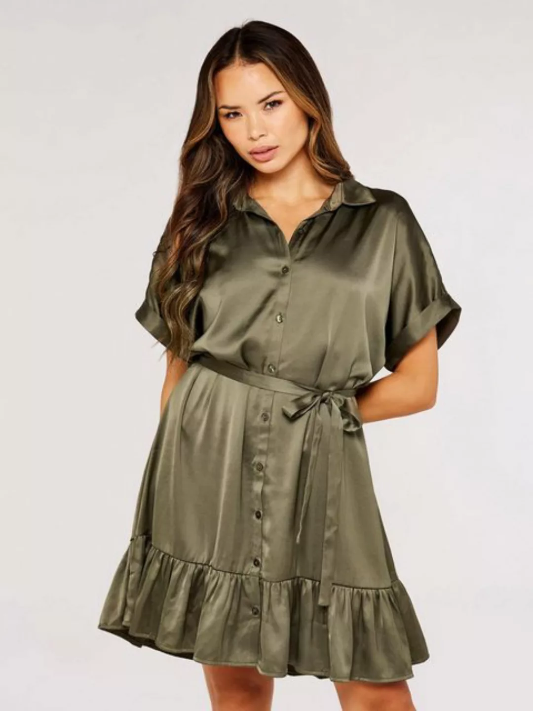 Apricot Minikleid Ruffle Hem Satin Shirt Dress, (2-tlg., Fabric belt) mit V günstig online kaufen