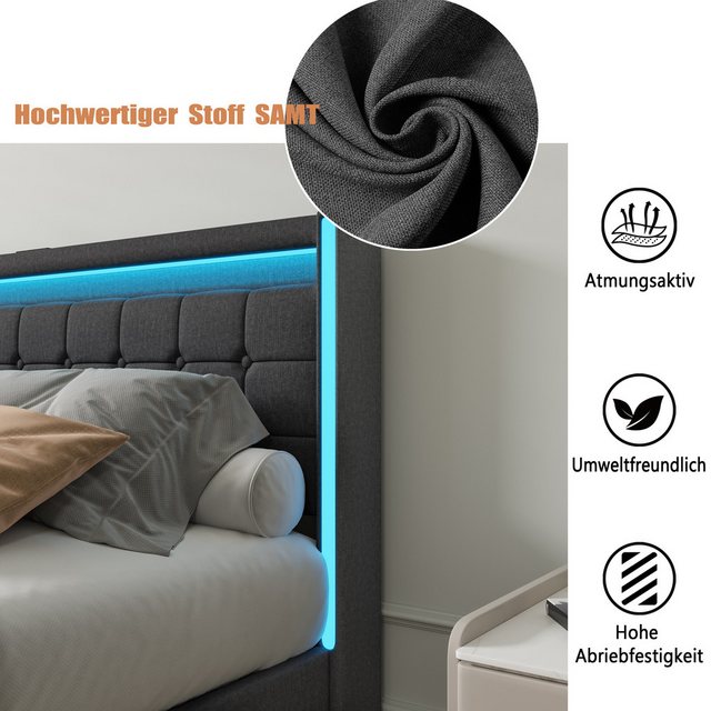 FUROKOY Polsterbett LED-Beleuchtung Doppelbett mit Ladefunktion und 2 Schub günstig online kaufen