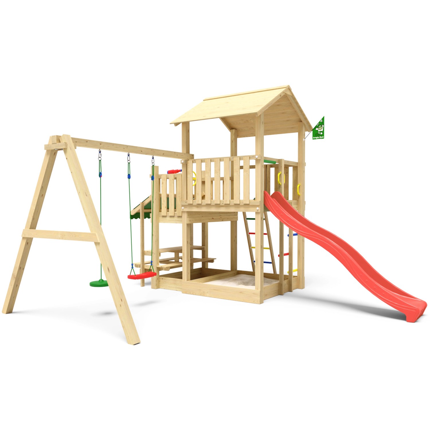 Jungle Gym Spielturm Skyline Holz Picnic Modul Doppelschaukel Rutsche Rot günstig online kaufen
