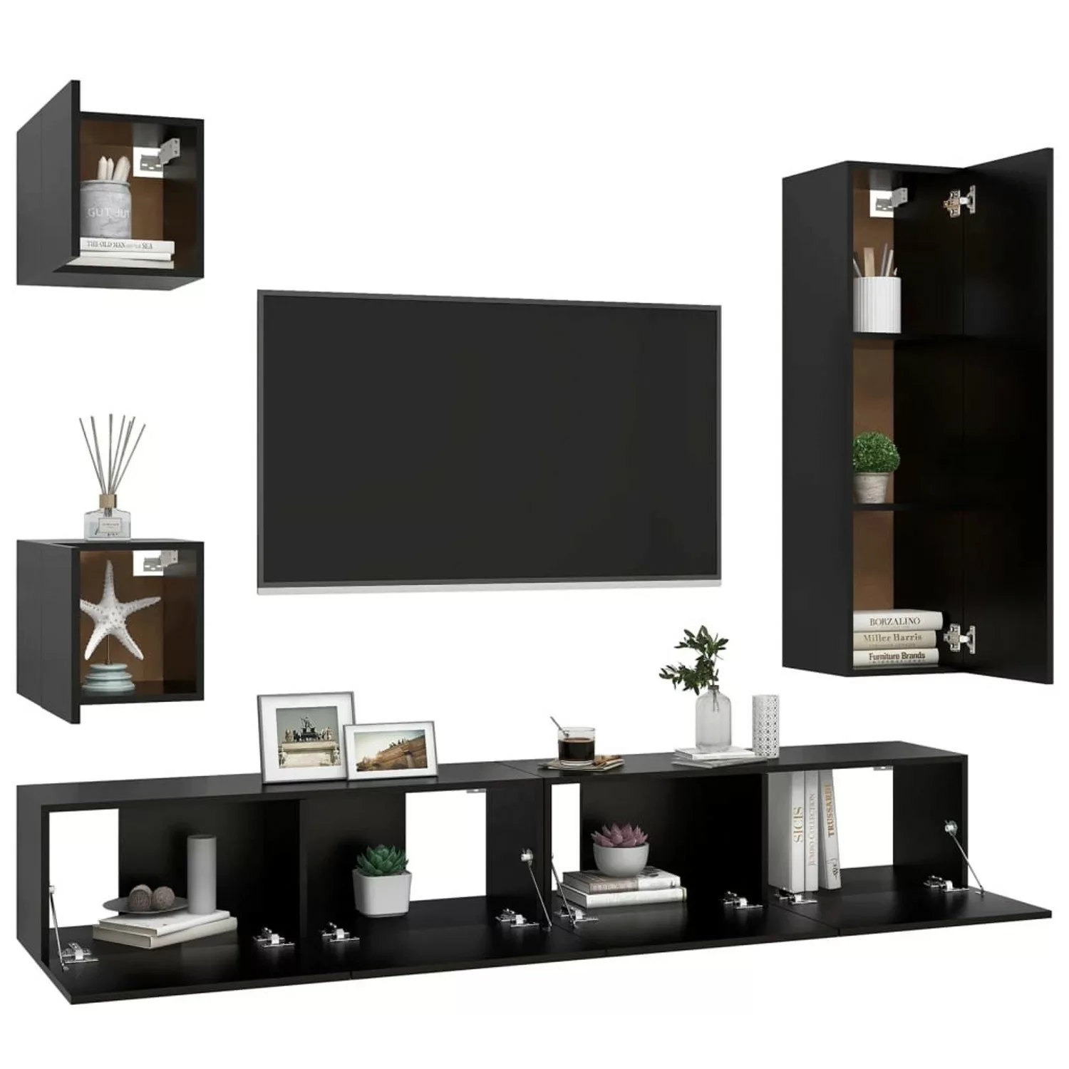 vidaXL TV-Schrank 5-tlg TV-Schrank-Set Schwarz Spanplatte TV-Konsole für Fe günstig online kaufen