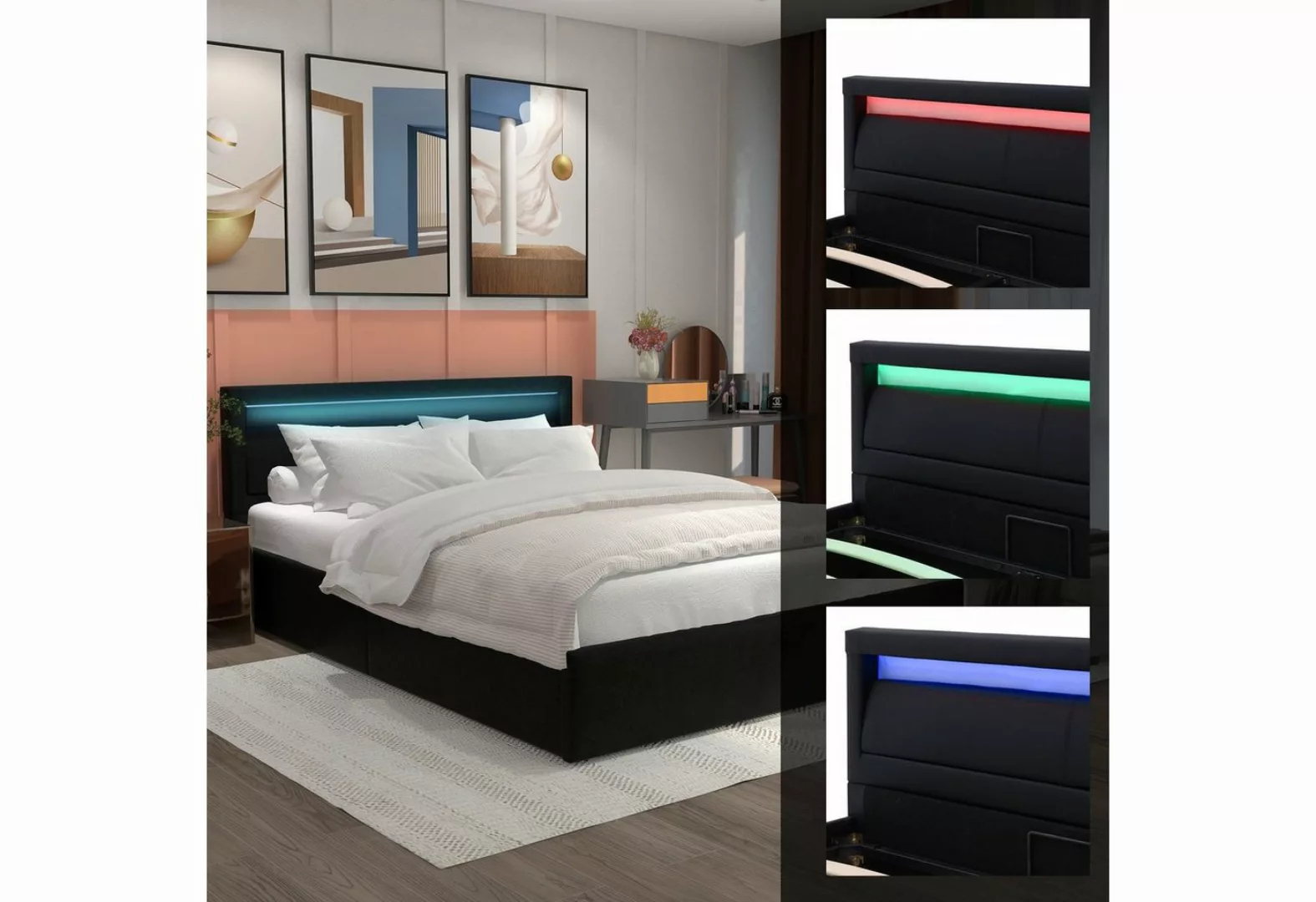 EXTSUD Polsterbett Polsterbett LED-Bett mit Lattenrost und Stauraum, Beleuc günstig online kaufen