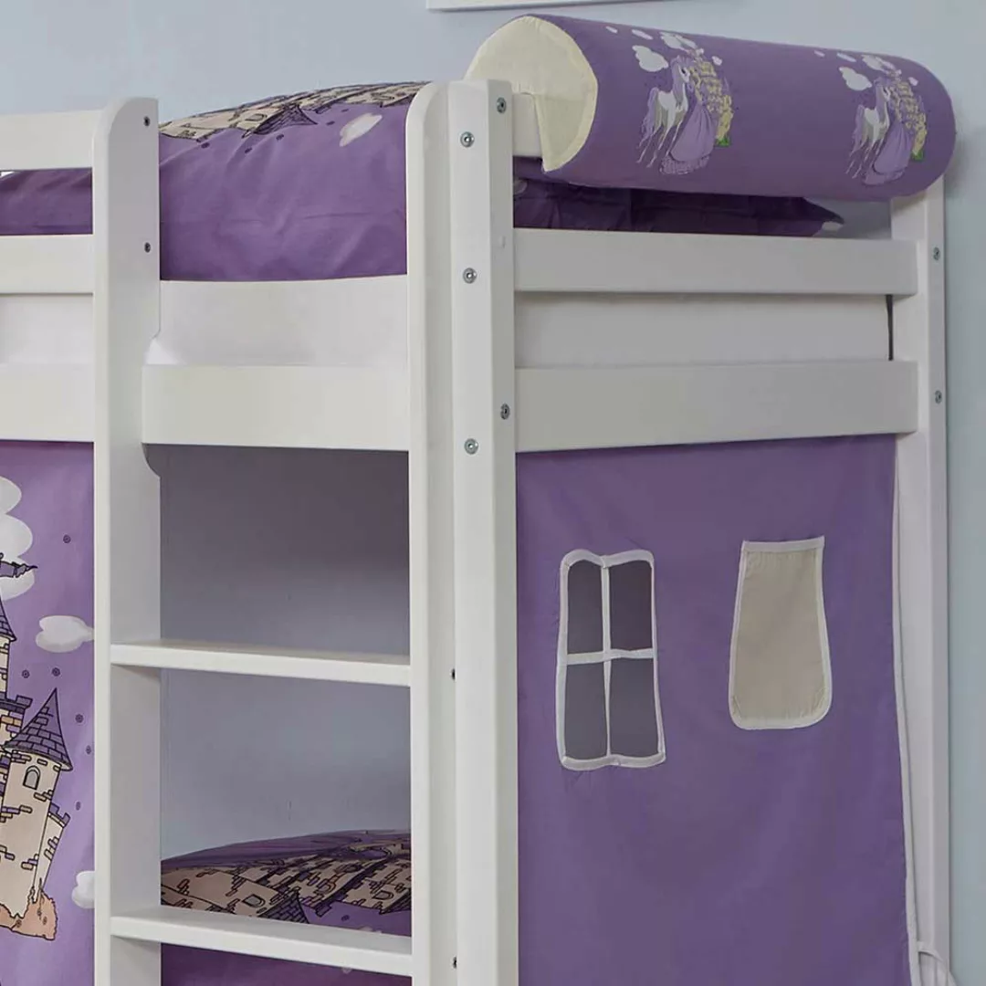 Kinderetagenbett in Weiß Lila und Beige Buche Massivholz und Webstoff günstig online kaufen
