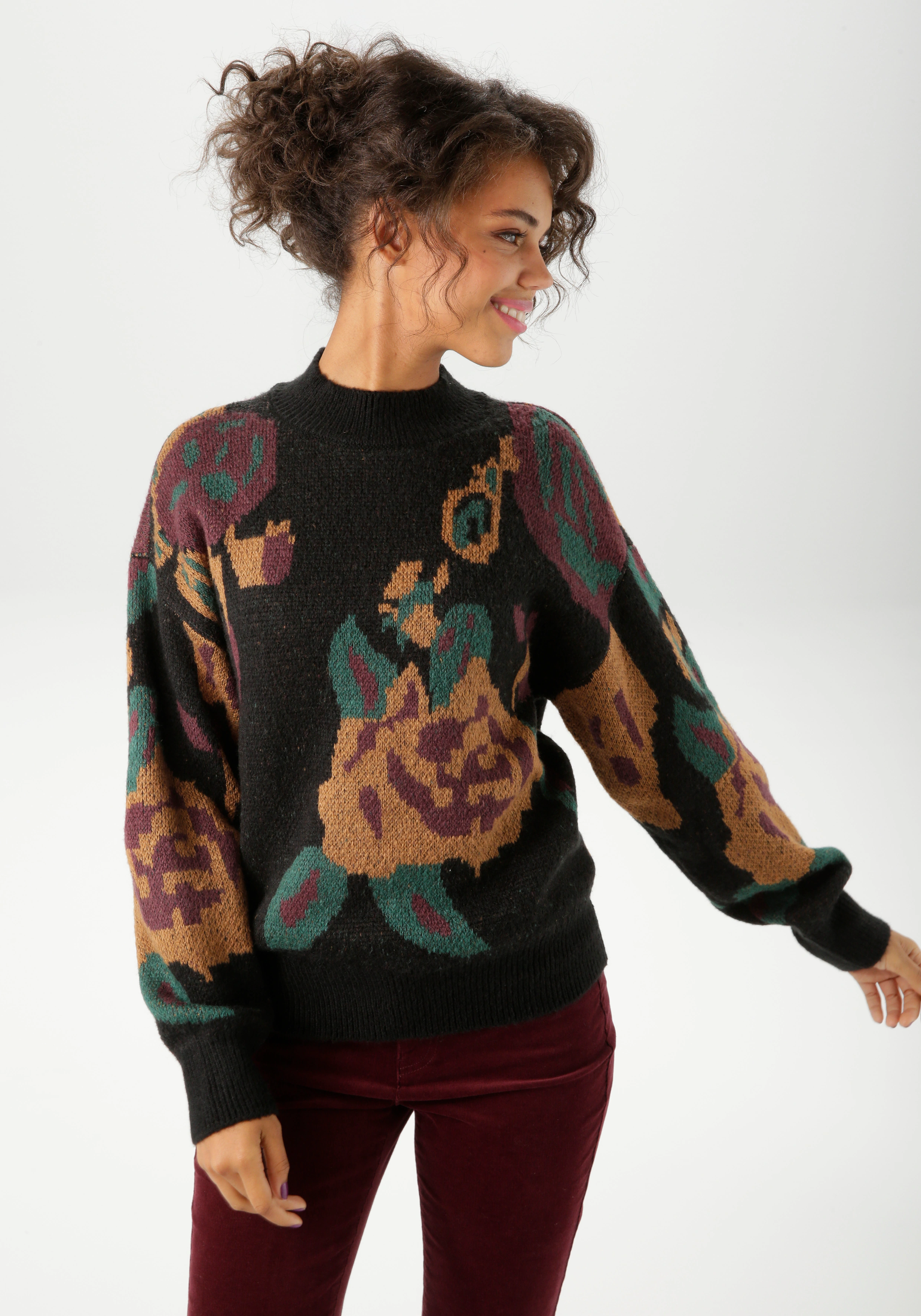 Aniston CASUAL Strickpullover, mit großflächigen, eingestrickten Blüten - N günstig online kaufen
